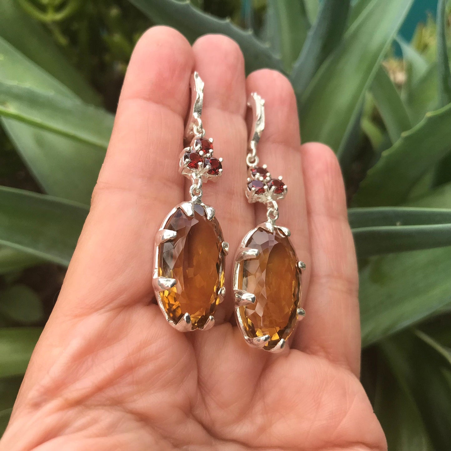 sterling silver Natural Citrine Red garnet dangle Earrings Colors Of Etnika
