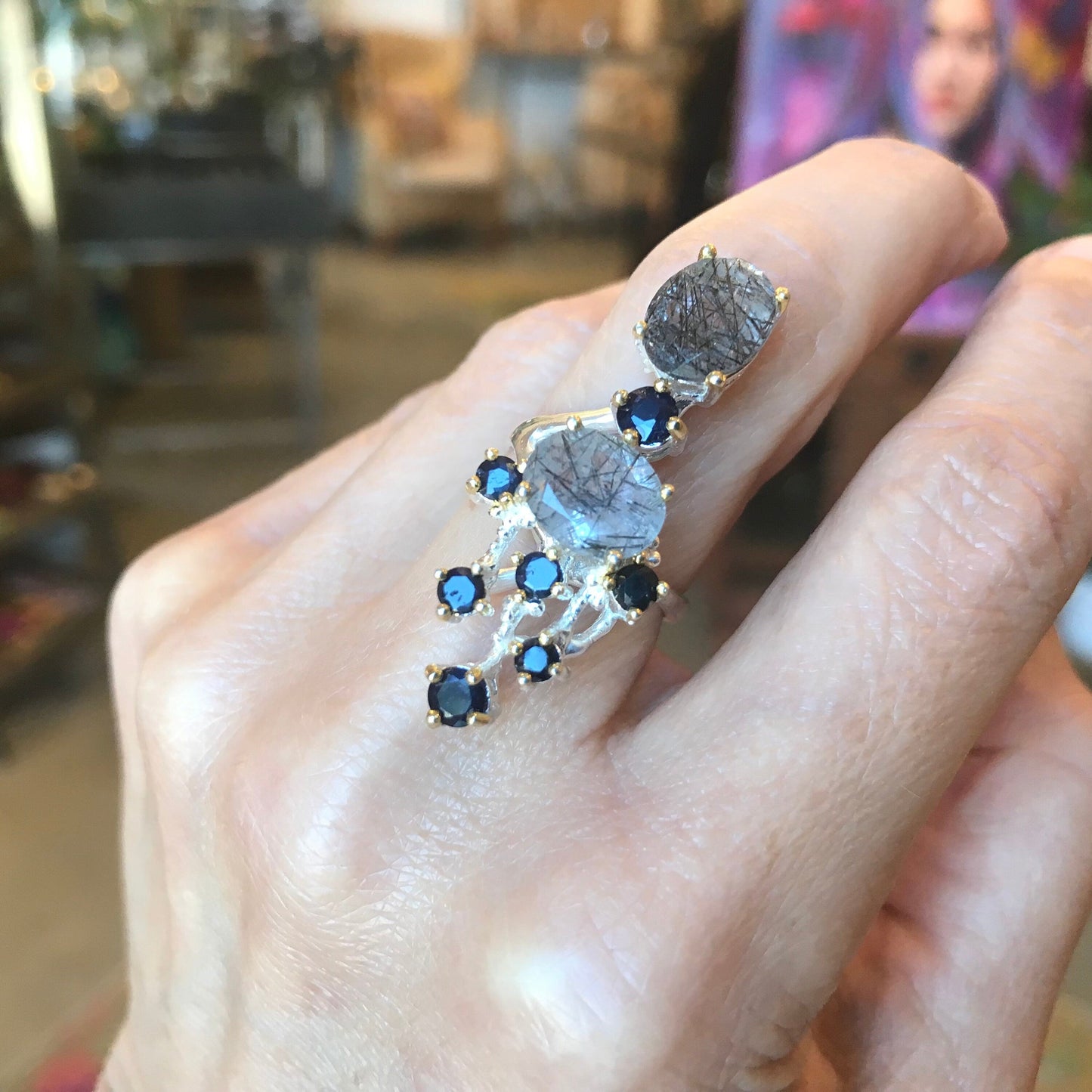sterling silver rutilated quartz band sapphire ring 6.5 Colors Of Etnika