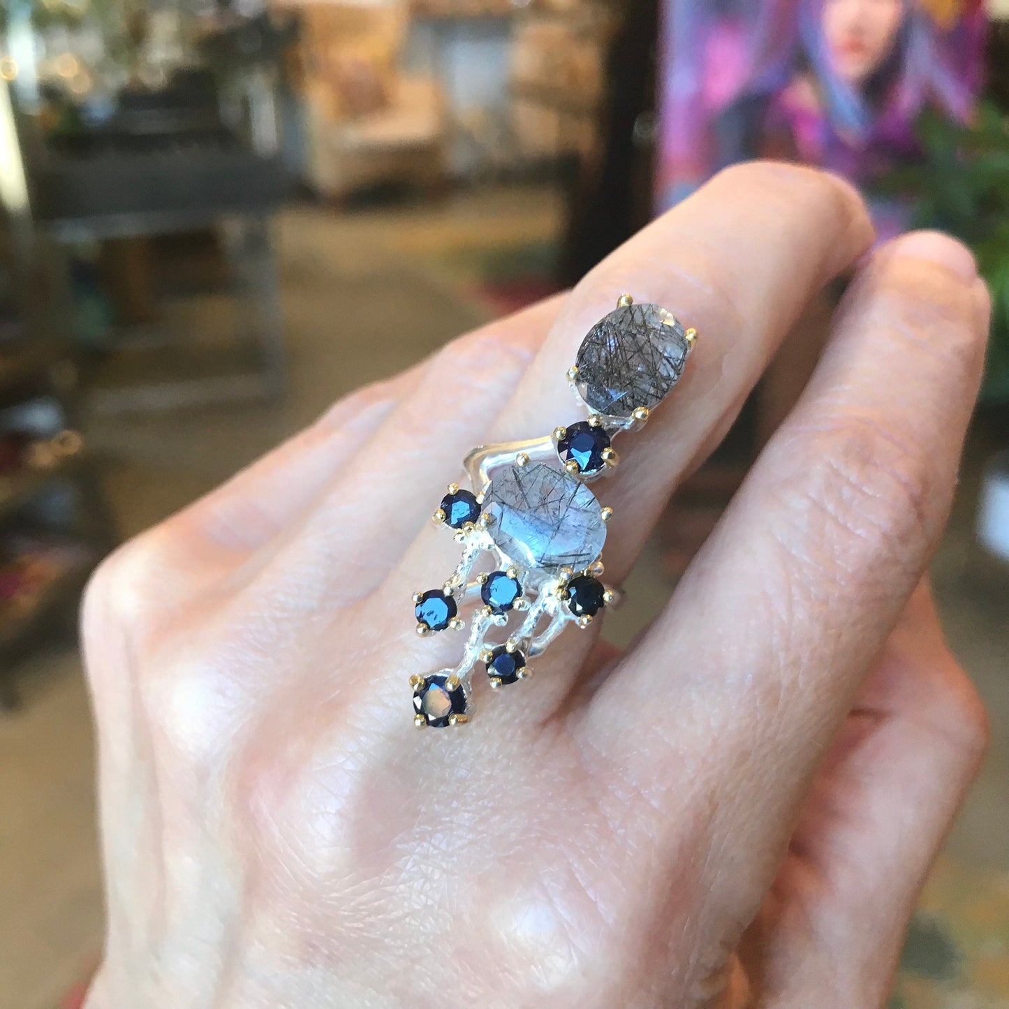 sterling silver rutilated quartz band sapphire ring 6.5 Colors Of Etnika