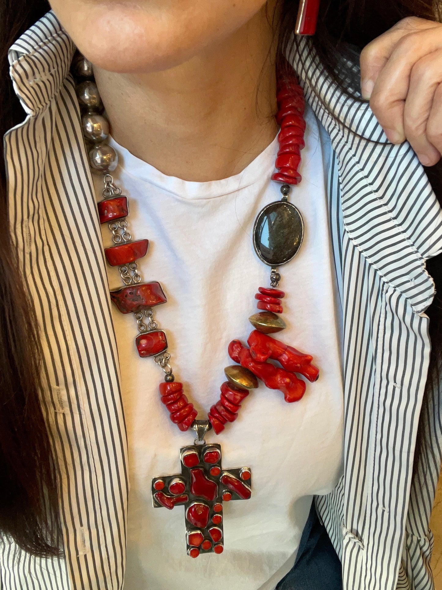 sterling silver Natural coral obsidian cross Statement necklace