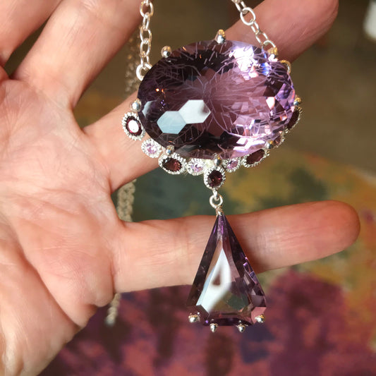 Sterling silver 75ct rhodolite amethyst statement pendant necklace *RESERVED