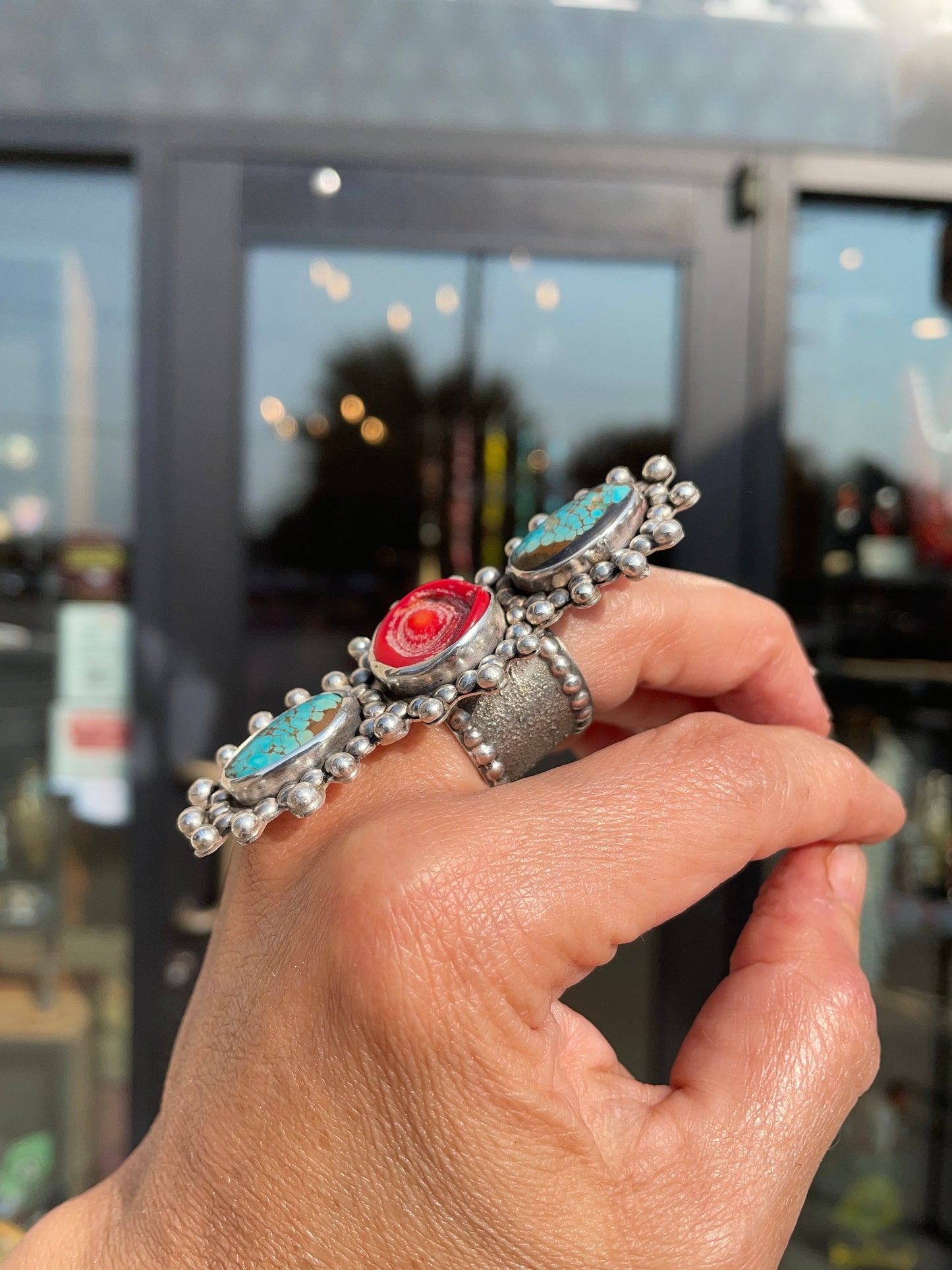Turquoise Sterling Statement coral adjustable cuff ring Colors Of Etnika