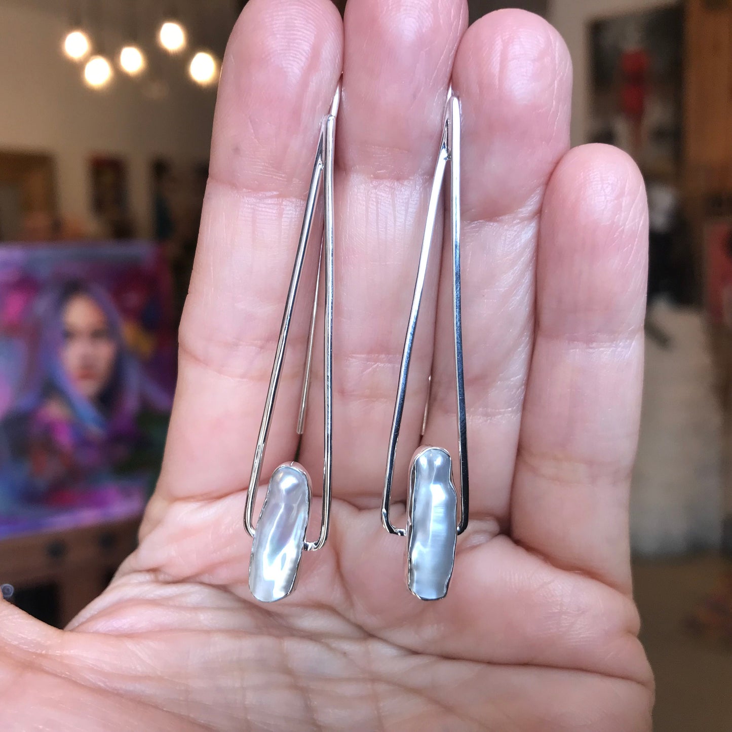 sterling silver modernist pearl dangle earrings