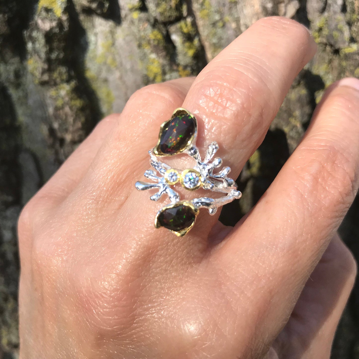 Sterling Silver black Natural Opal coral reef ring 5.5 Colors Of Etnika