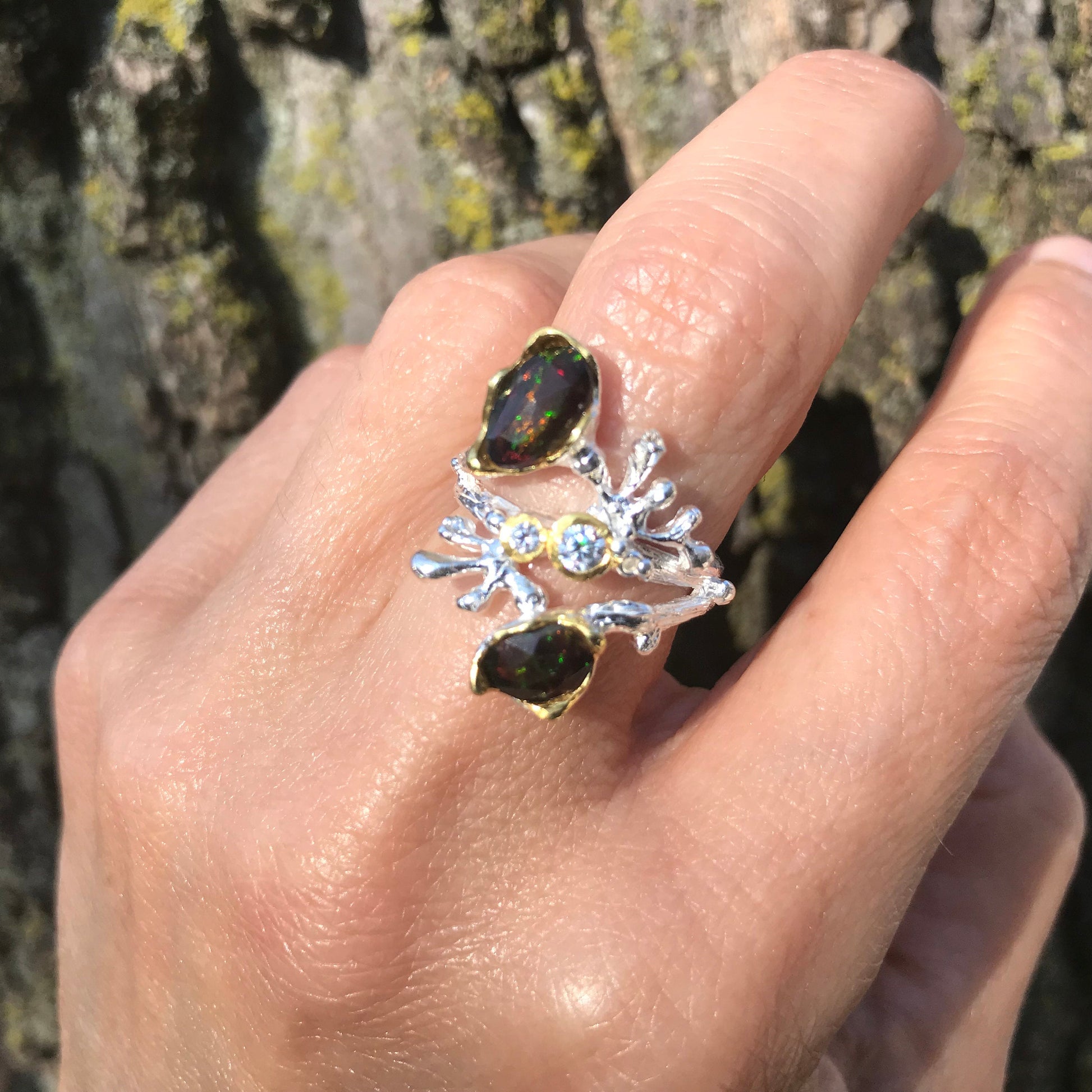 Sterling Silver black Natural Opal coral reef ring 5.5 Colors Of Etnika