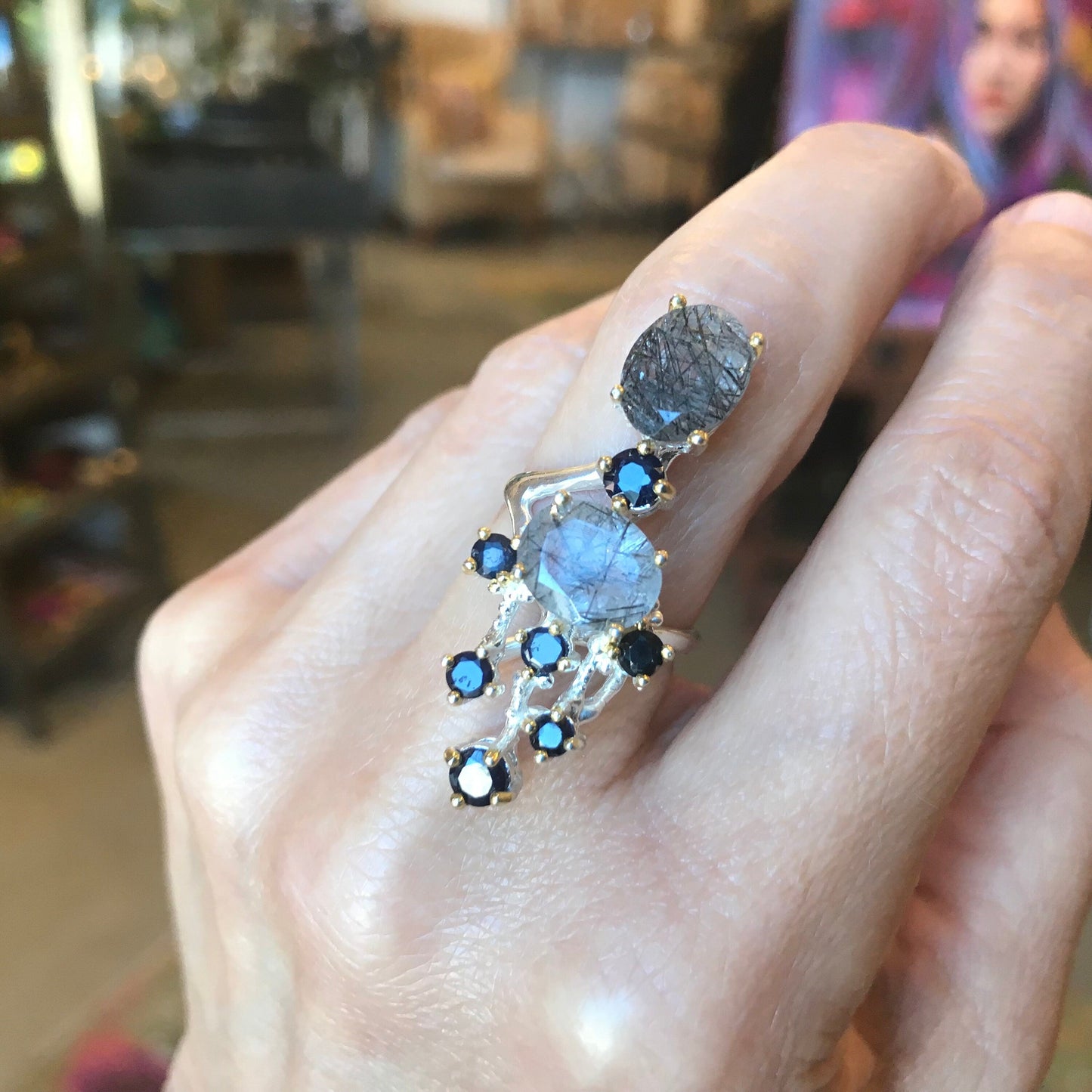 sterling silver rutilated quartz band sapphire ring 6.5 Colors Of Etnika