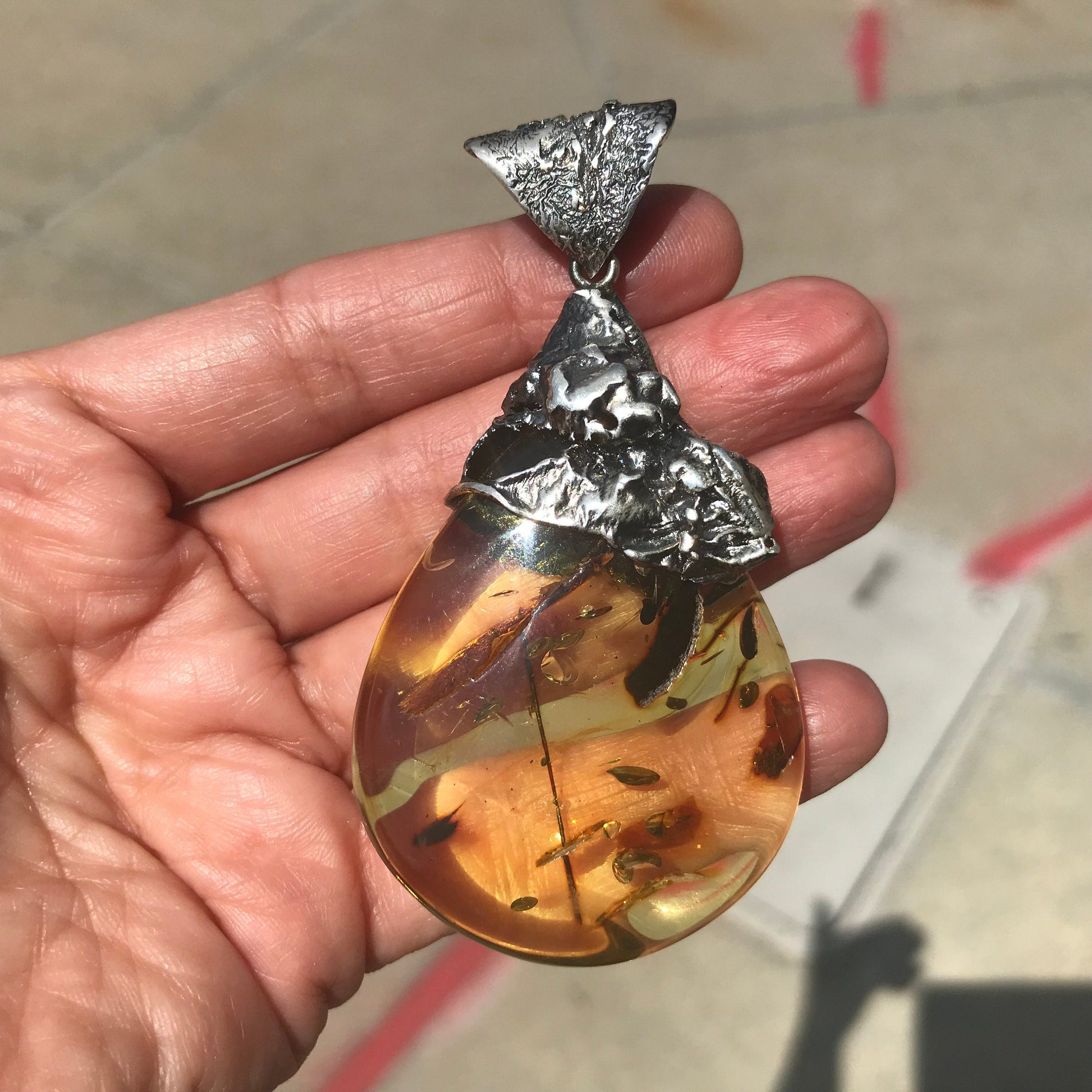 Statement amber brutalist pendant sterling silver Colors Of Etnika