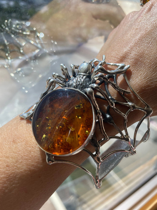 sterling silver massive spider Amber bracelet handmade bracelet cuff