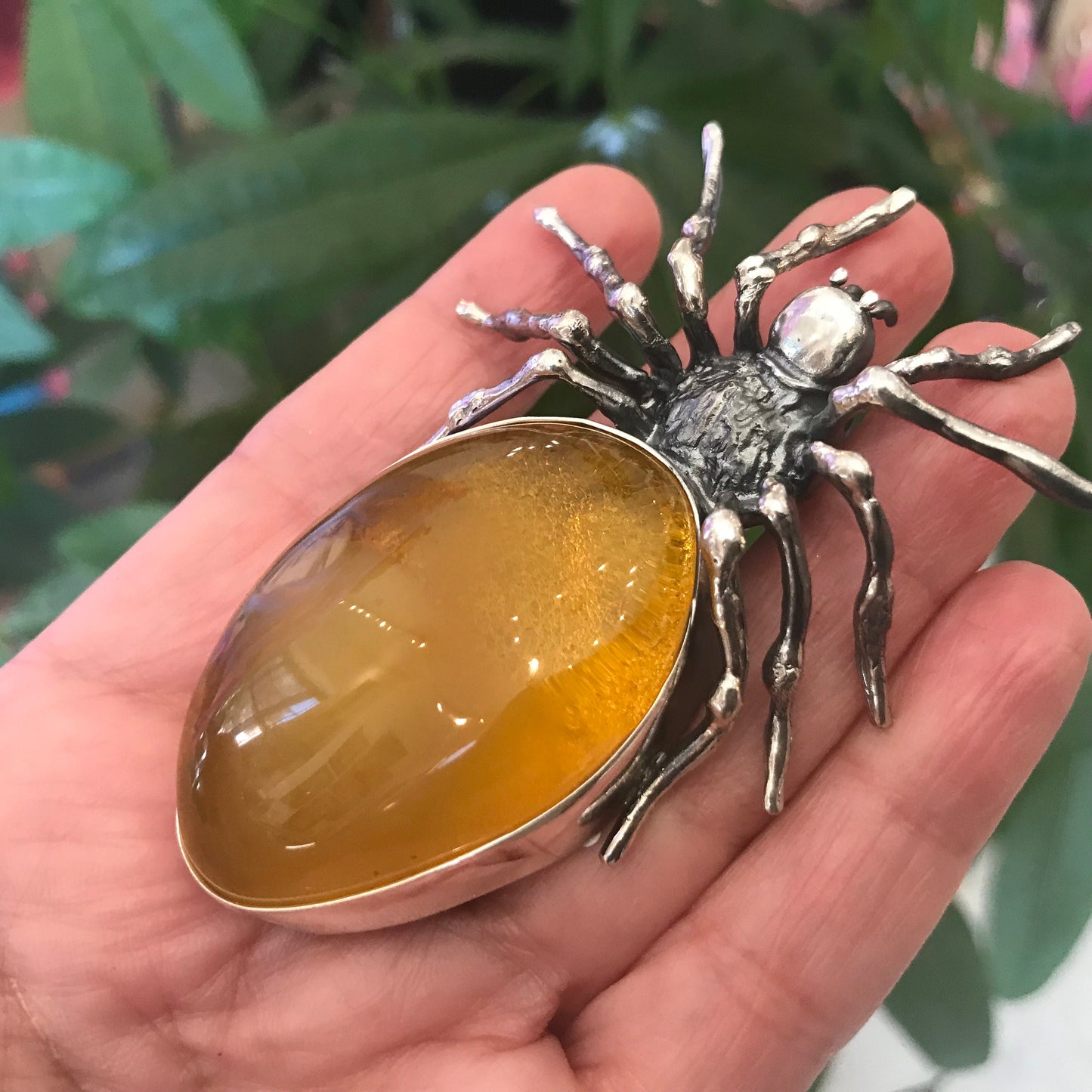 Statement amber spider pendant oversized huge sterling silver