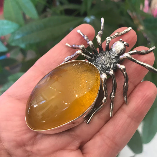 Statement amber spider pendant oversized huge sterling silver