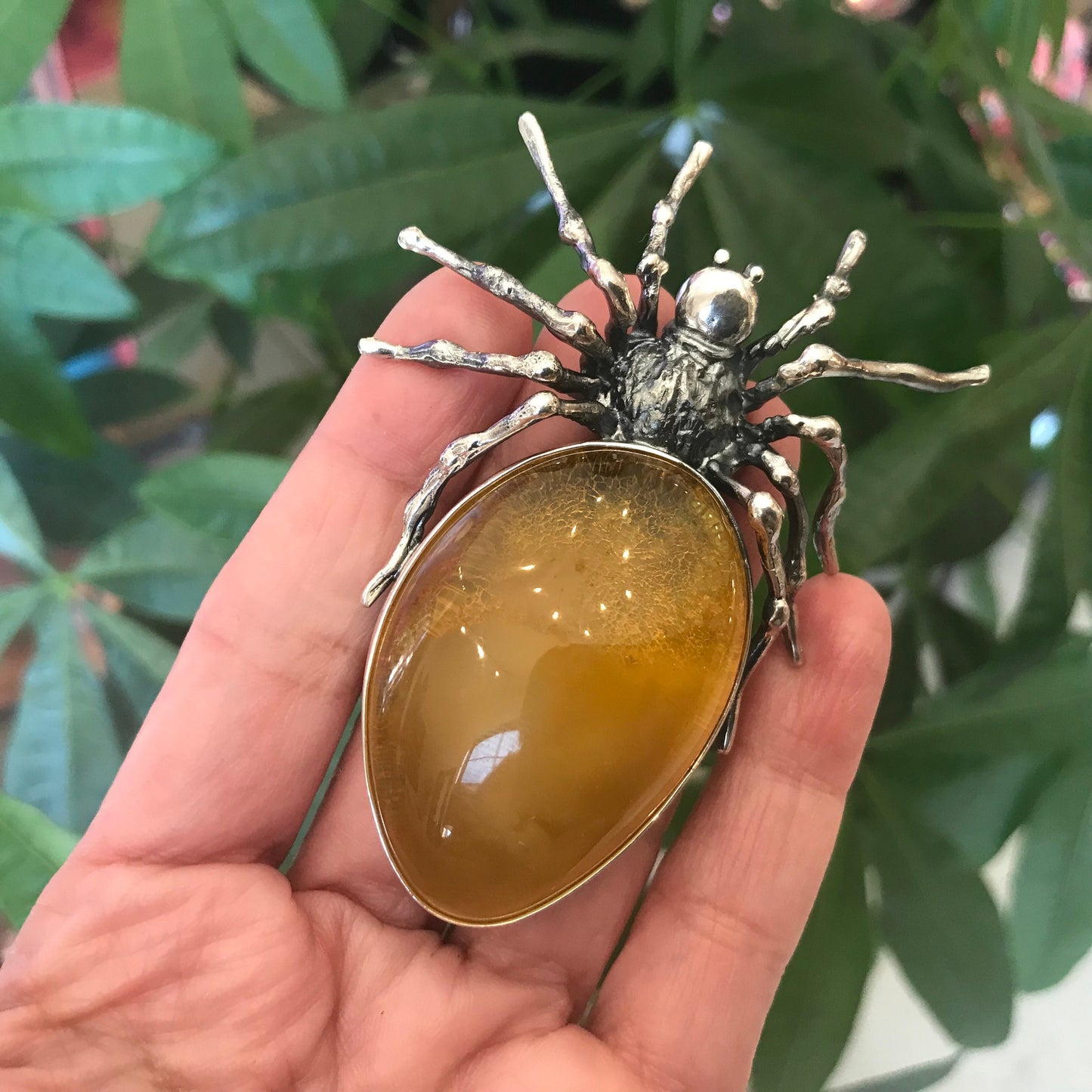 Statement amber spider pendant oversized huge sterling silver