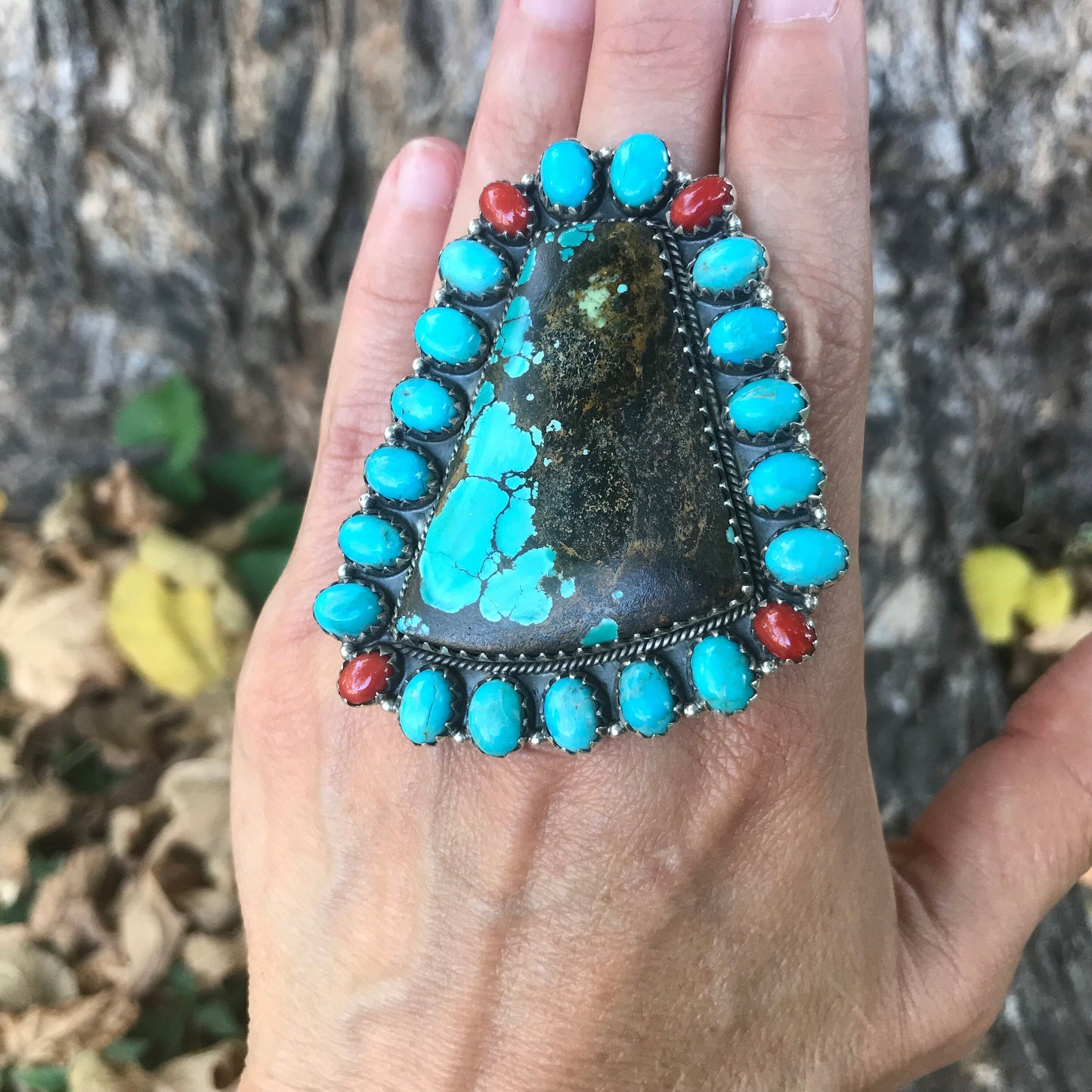 Sterling silver Statement coral huge turquoise ring Colors Of Etnika