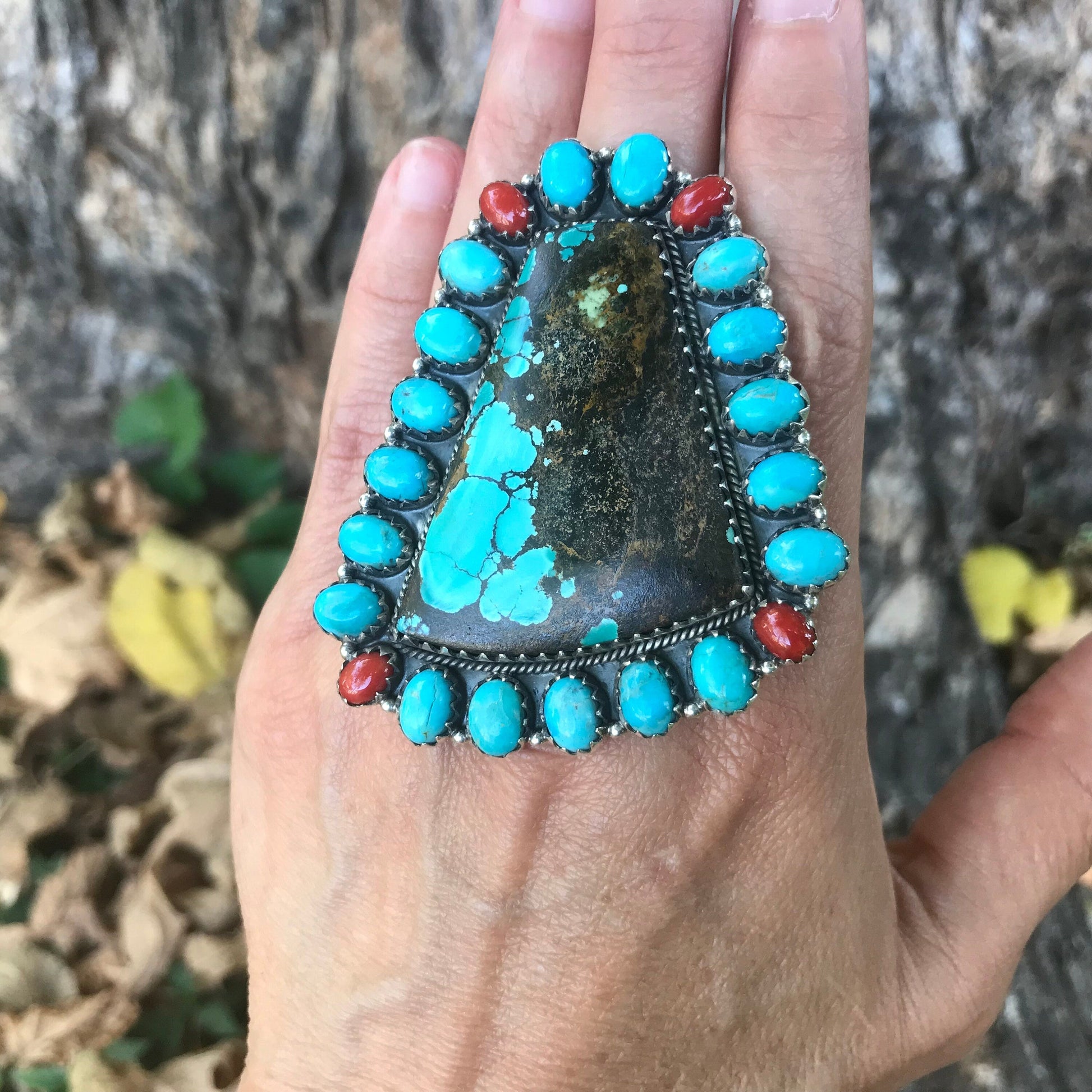 Sterling silver Statement coral huge turquoise ring Colors Of Etnika