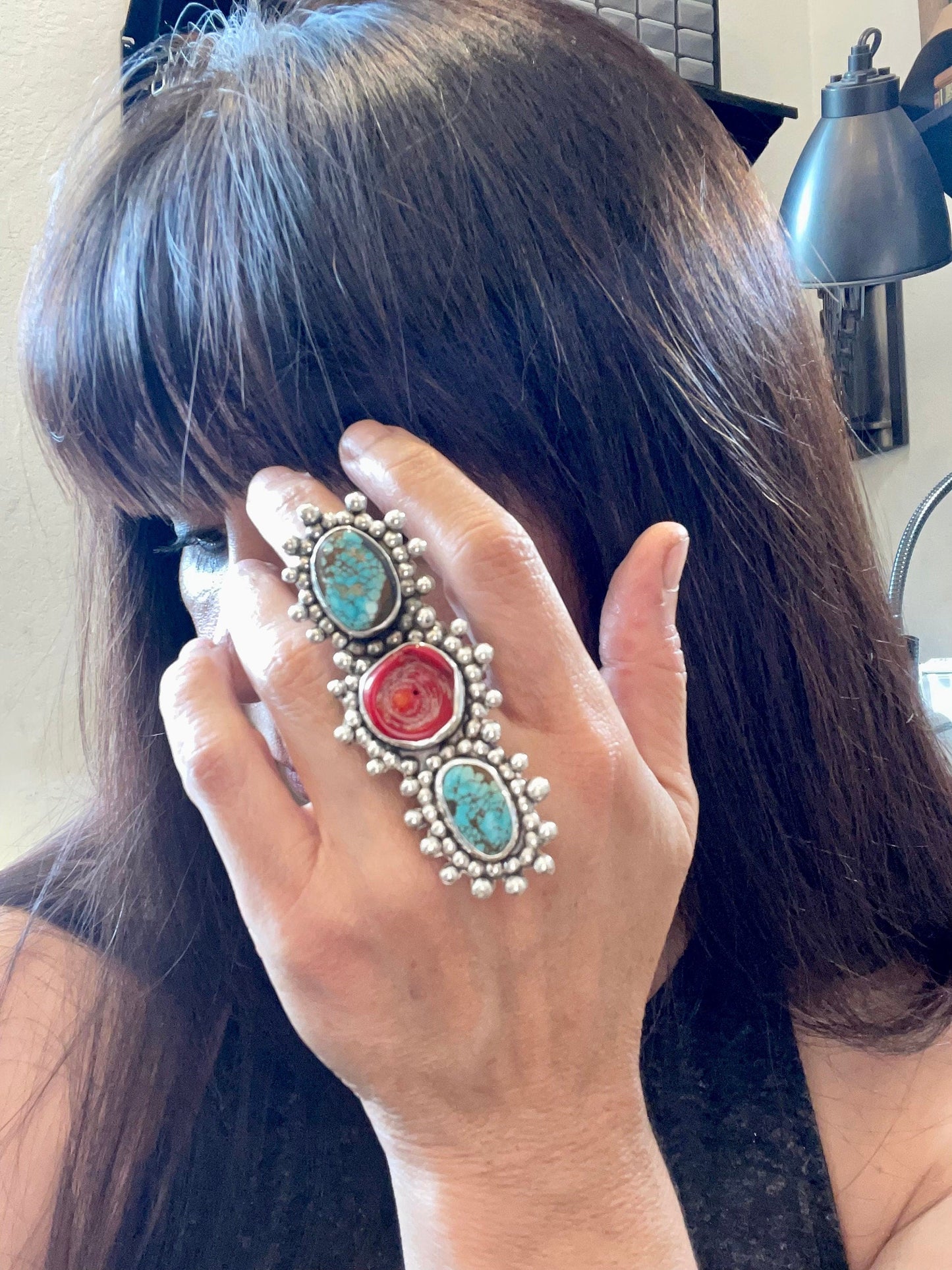 Turquoise Sterling Statement coral brutalist  adjustable cuff ring Colors Of Etnika