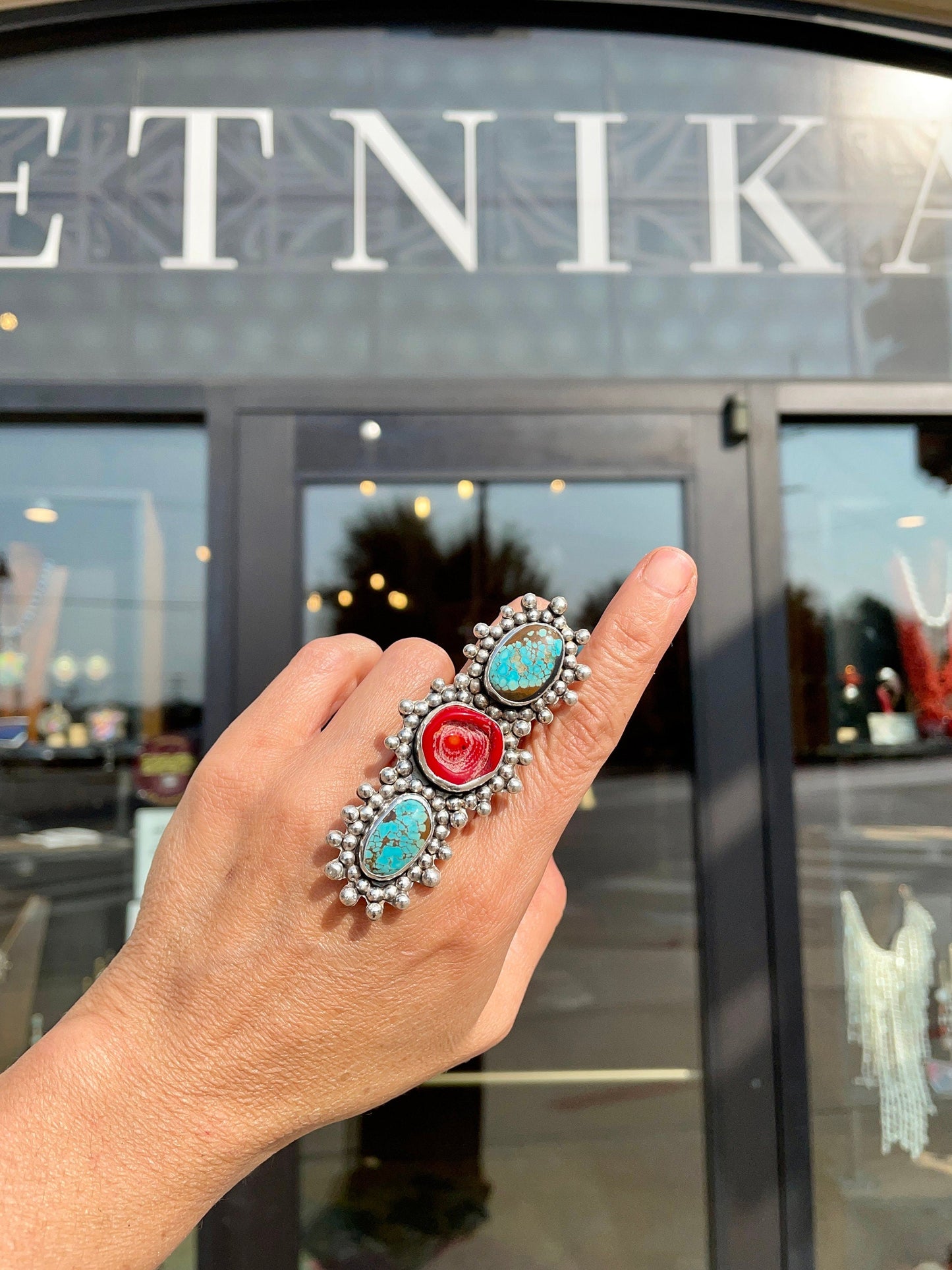 Turquoise Sterling Statement coral adjustable cuff ring Colors Of Etnika