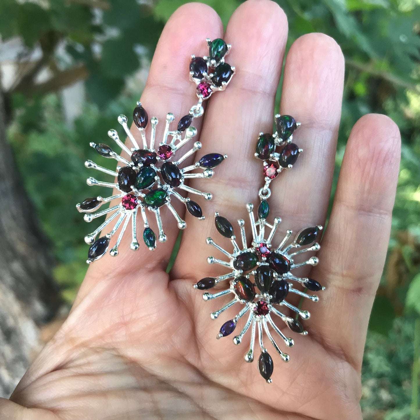 sterling silver Black natural opal rhodolite starburst earrings Colors Of Etnika