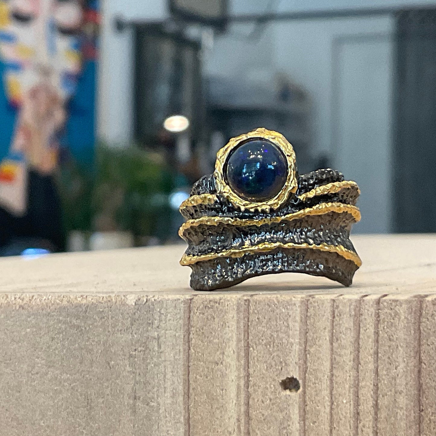 sterling silver natural black fire opal band ring 6.5