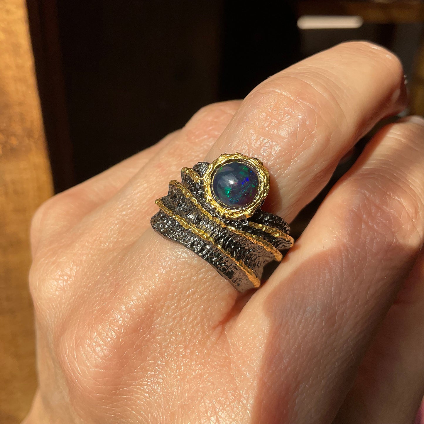 sterling silver natural black fire opal band ring 6.5