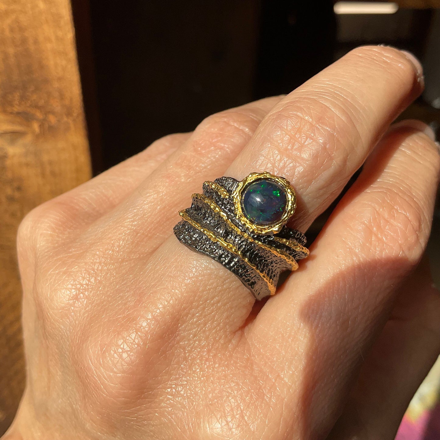 sterling silver natural black fire opal band ring 6.5