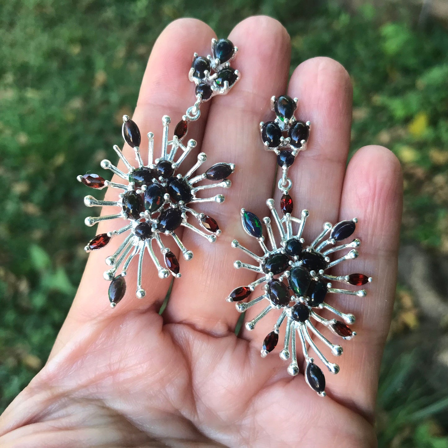 sterling silver Black natural opal garnet starburst earrings Colors Of Etnika