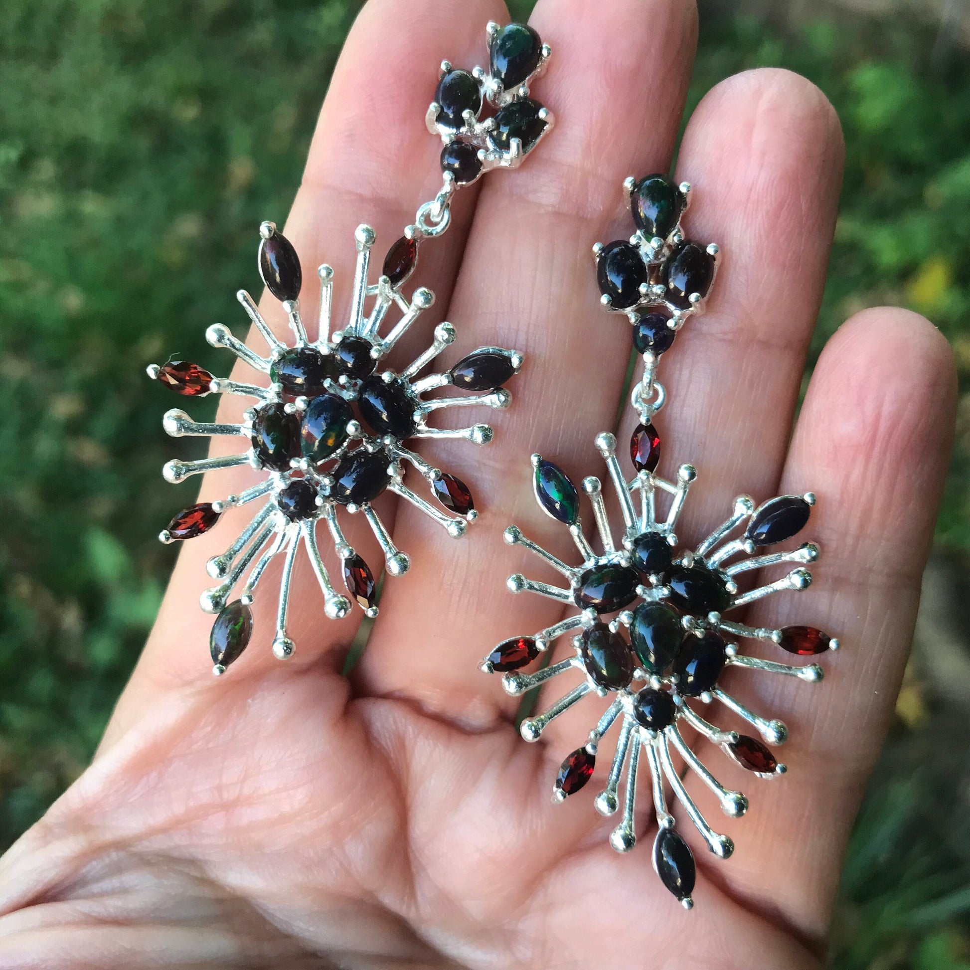 sterling silver Black natural opal garnet starburst earrings Colors Of Etnika