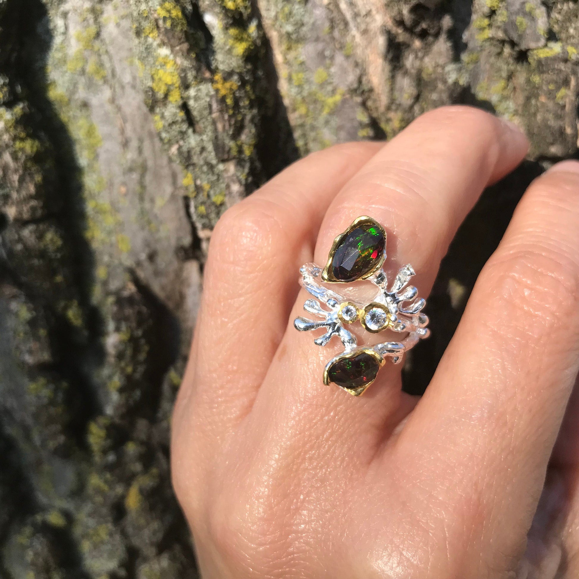 Sterling Silver black Natural Opal coral reef ring 5.5 Colors Of Etnika