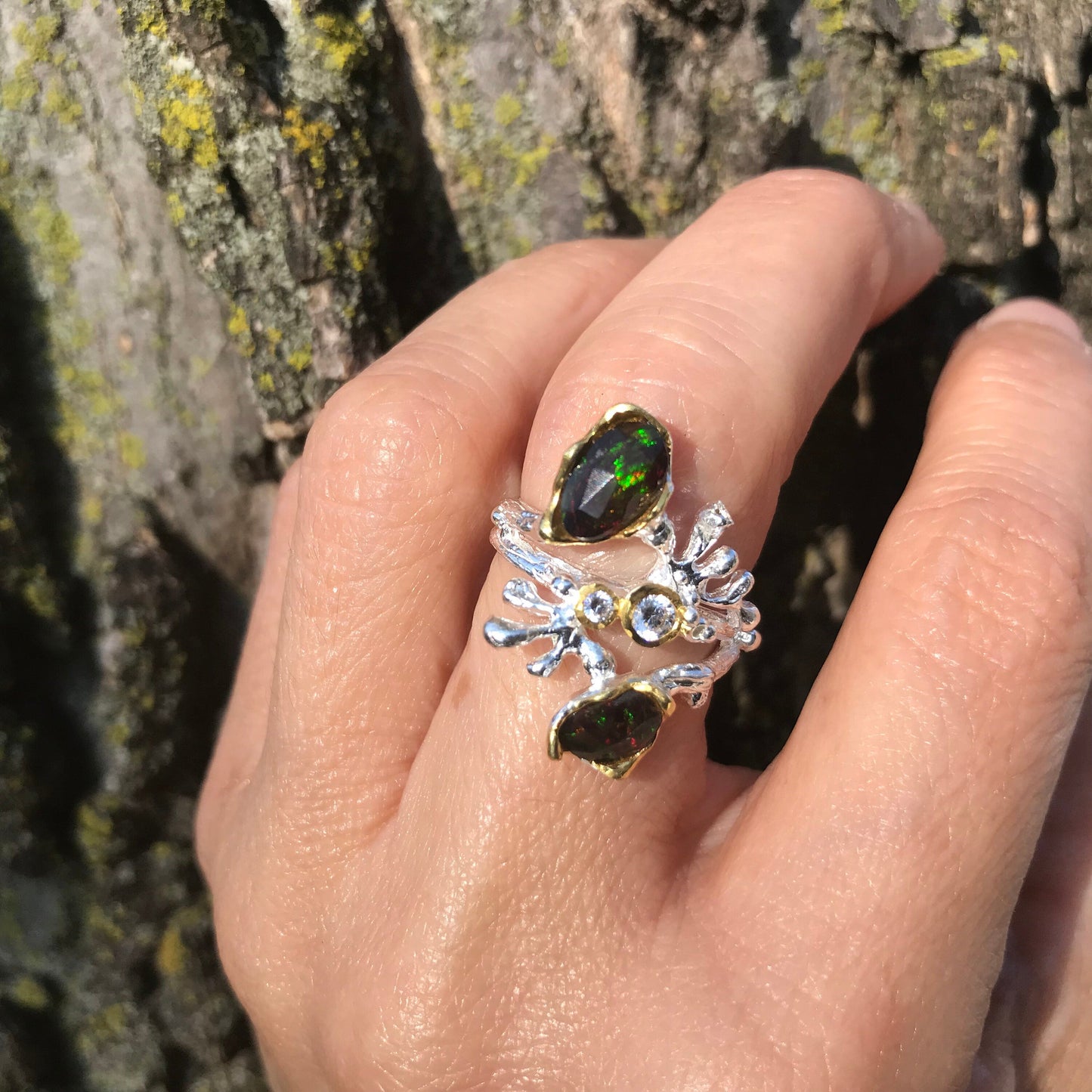 Sterling Silver black Natural Opal coral reef ring 5.5 Colors Of Etnika