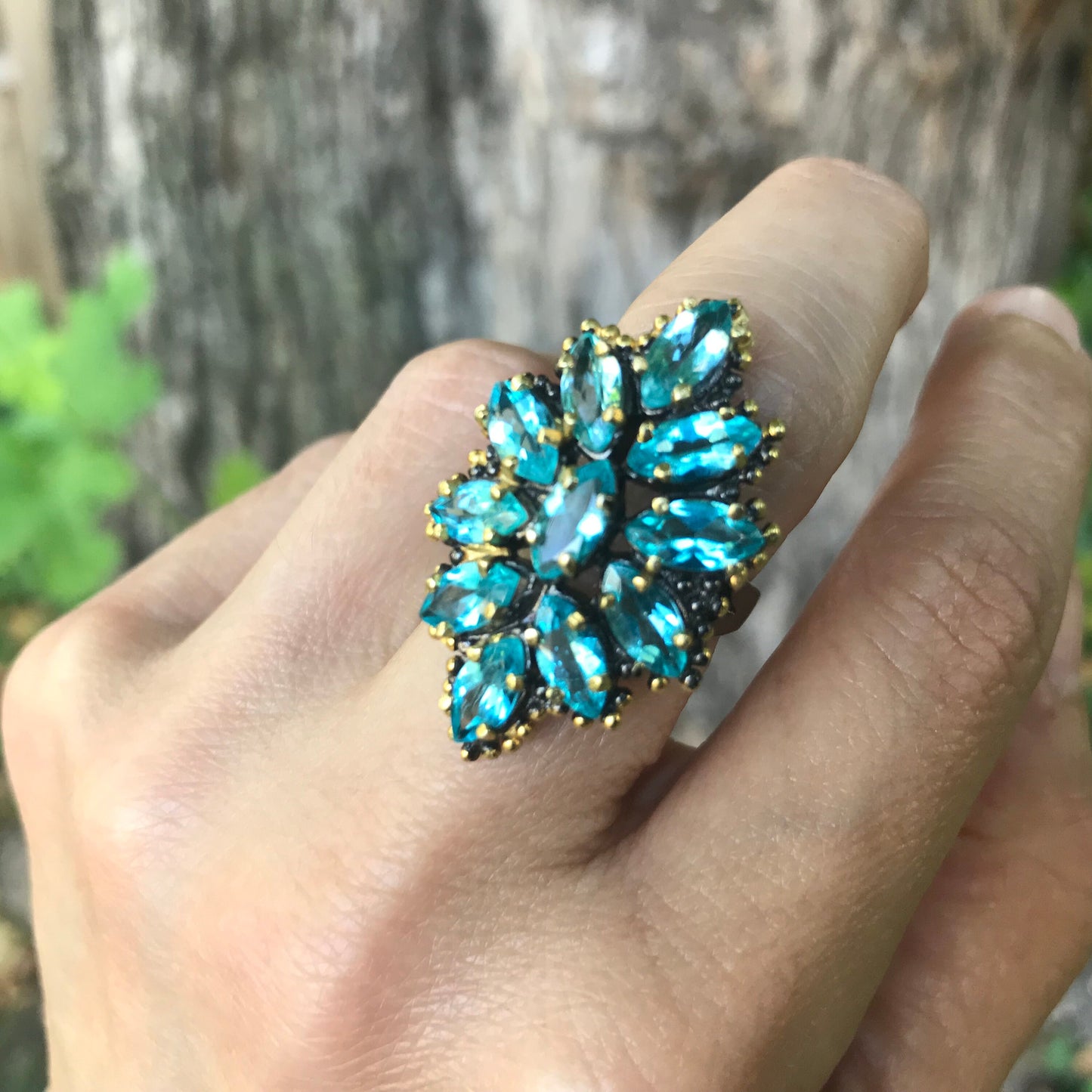 Sterling silver Blue topaz cluster statement ring 6