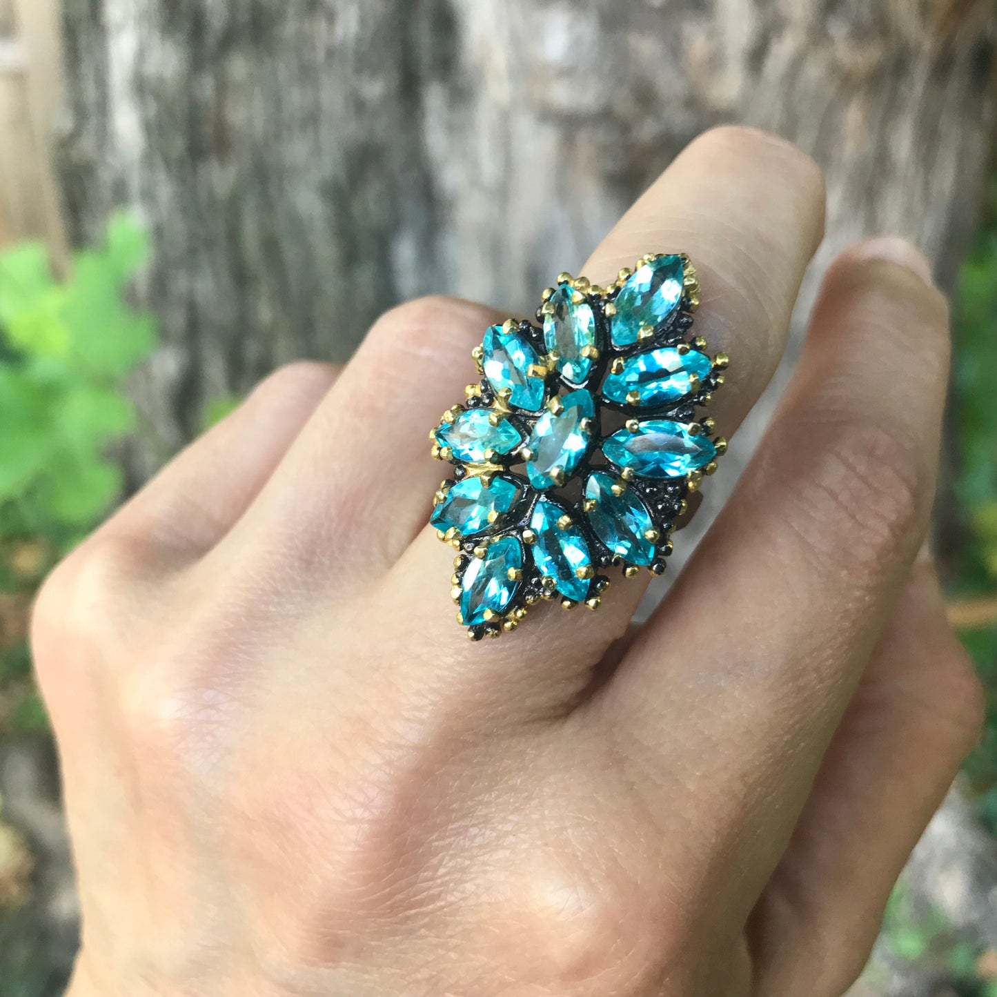 Sterling silver Blue topaz cluster statement ring 6