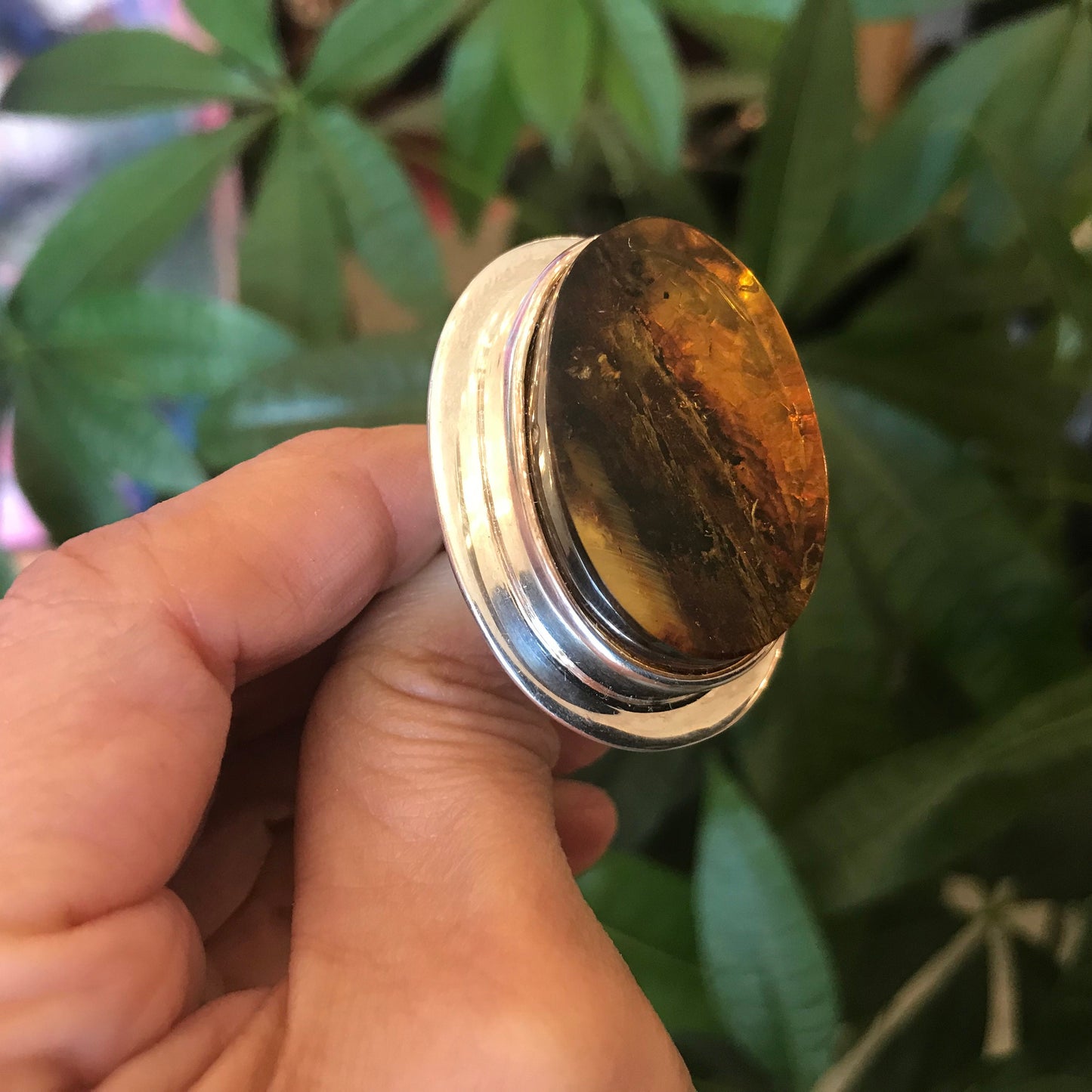 sterling silver modernist OOAK amber Statement ring adjustable cuff