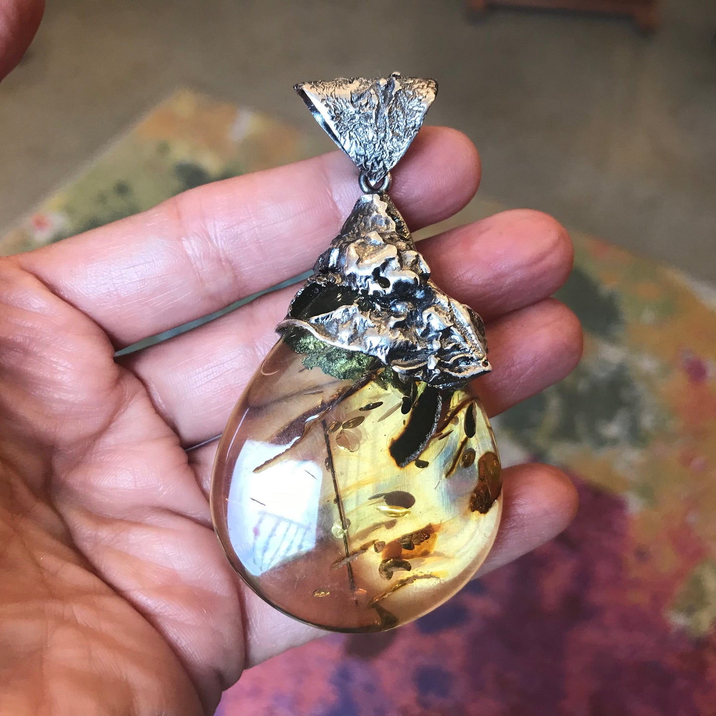 Statement amber brutalist pendant sterling silver Colors Of Etnika