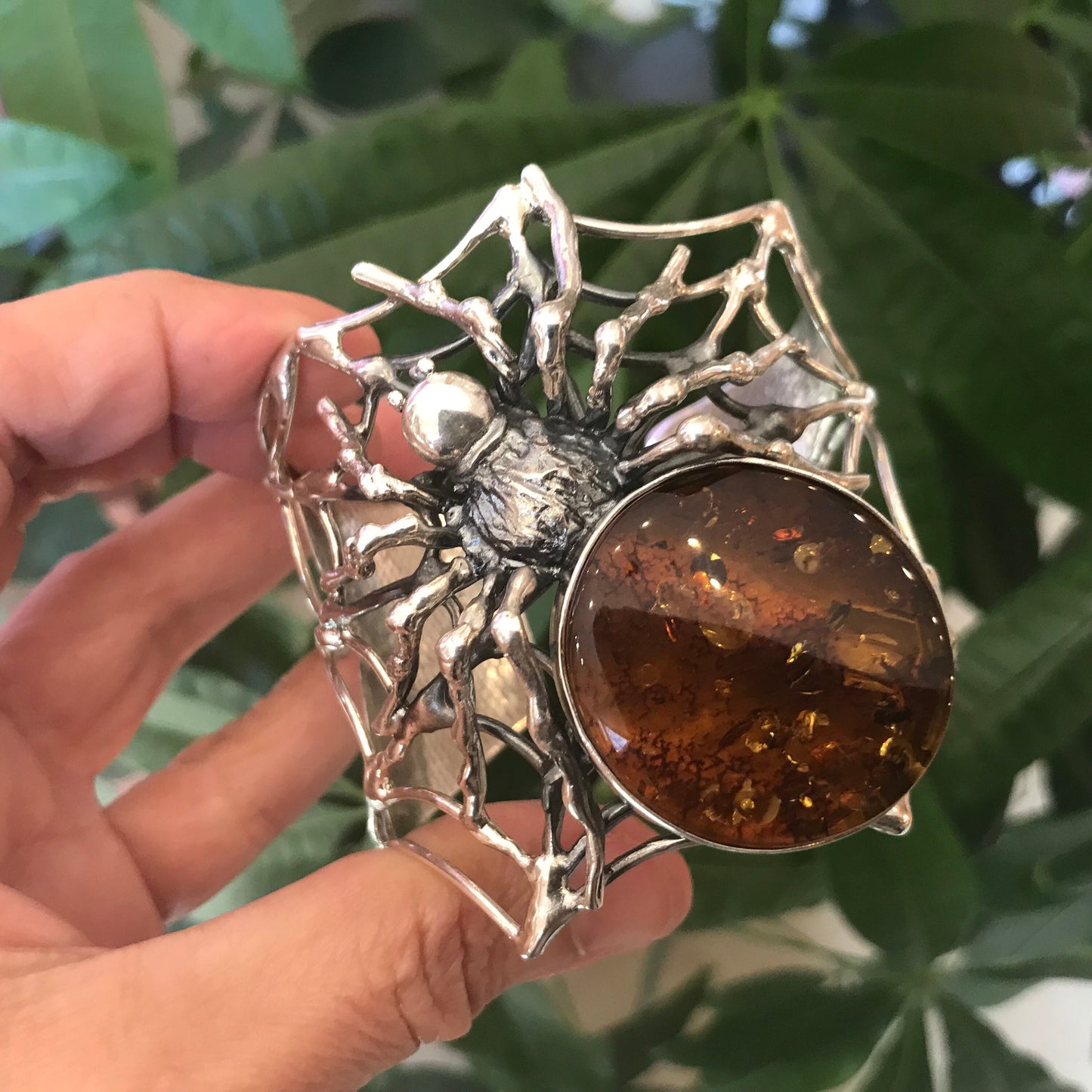 sterling silver massive spider Amber bracelet handmade bracelet cuff