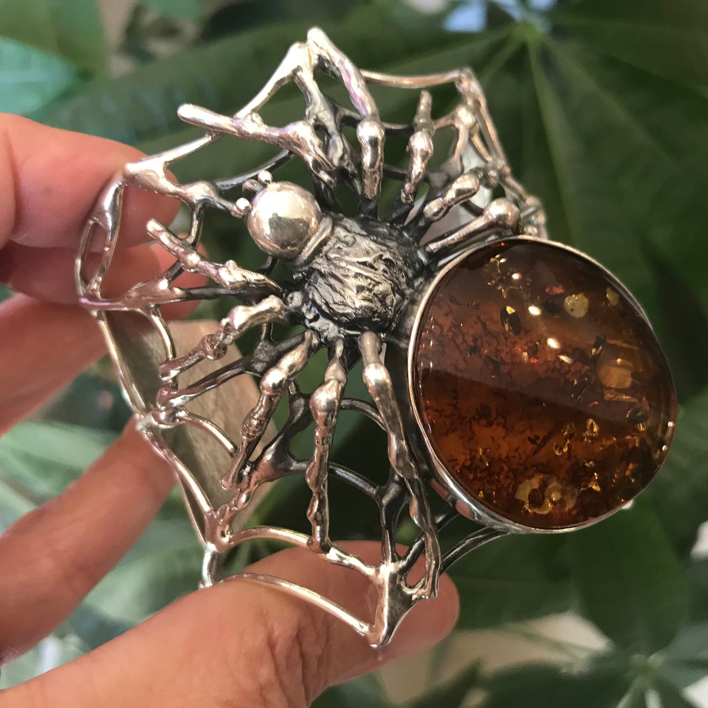 sterling silver massive spider Amber bracelet handmade bracelet cuff