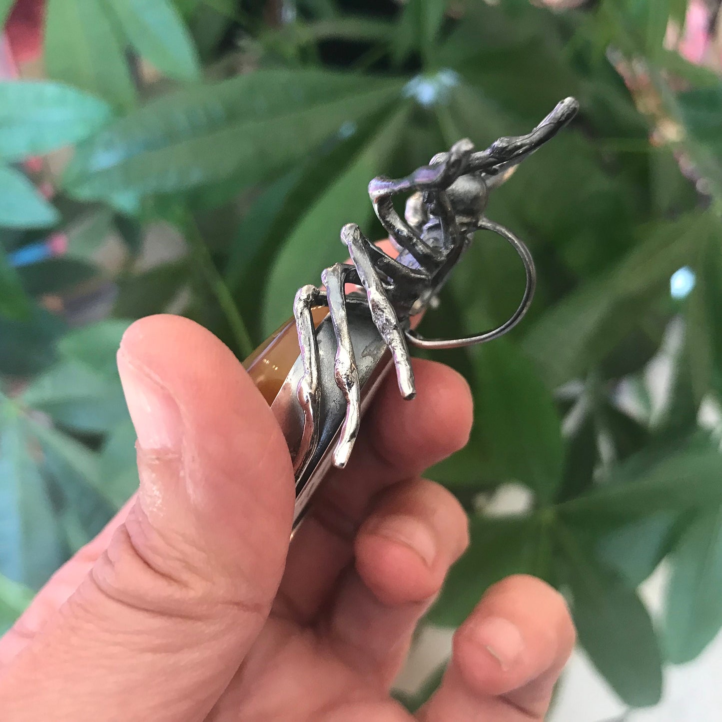Statement amber spider pendant oversized huge sterling silver
