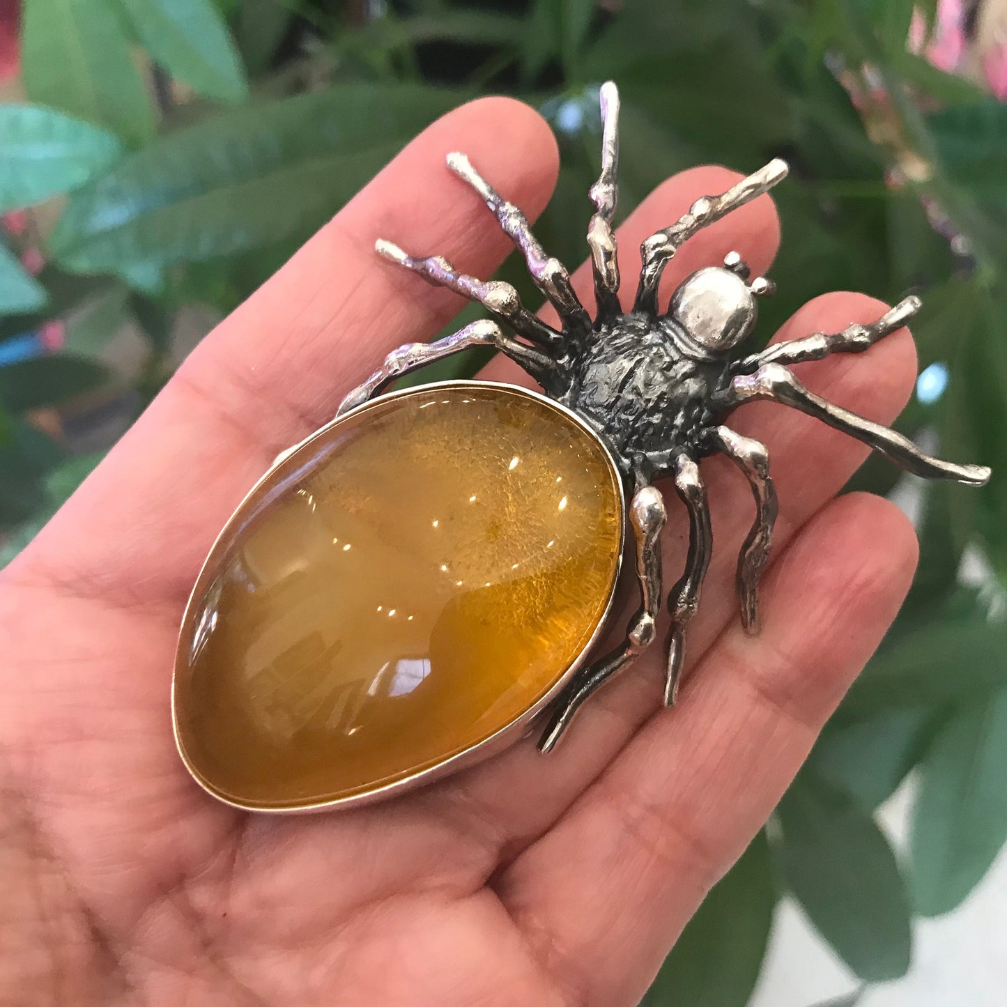 Statement amber spider pendant oversized huge sterling silver