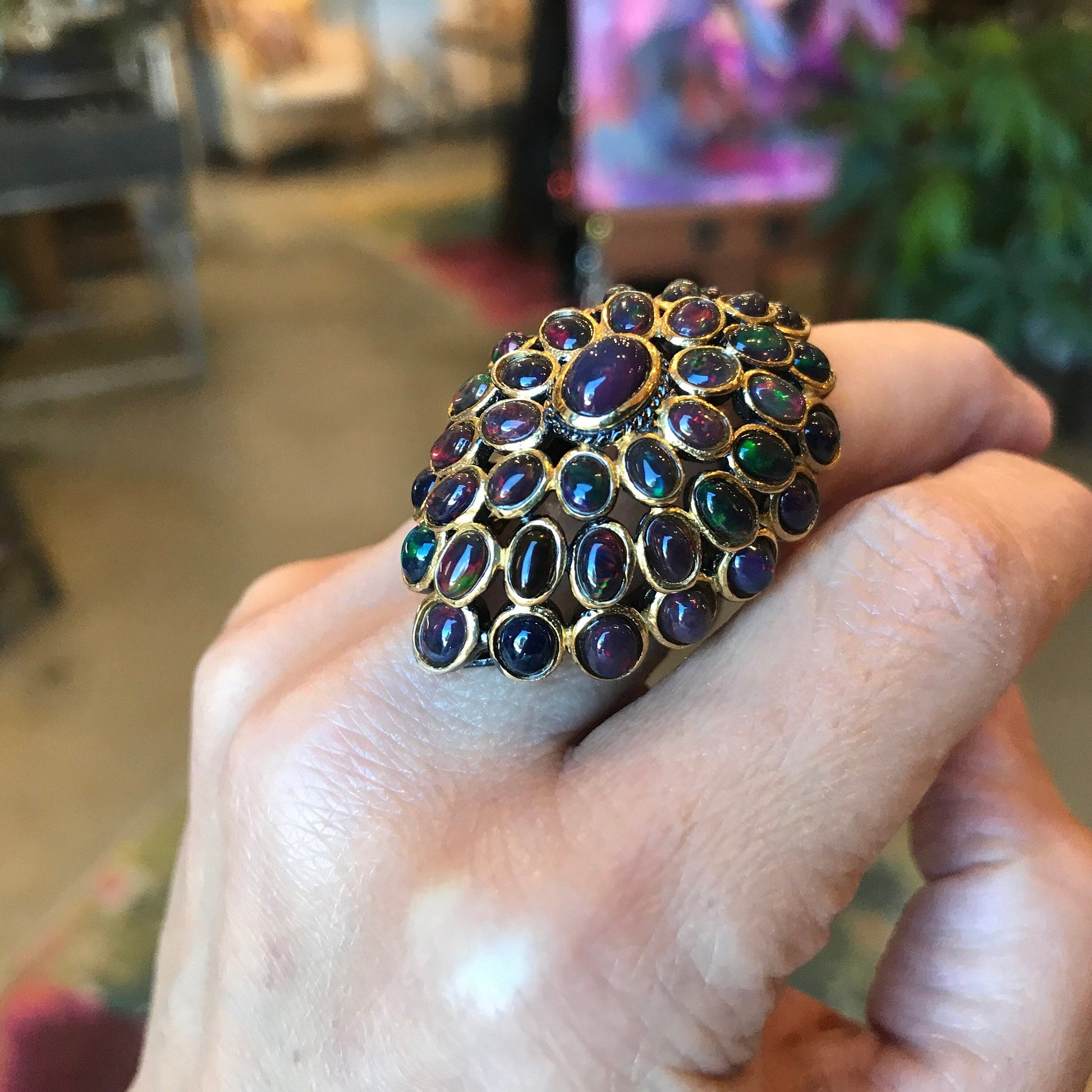 Sterling Silver Black red flash Opal  statement Ring 6.5 Colors Of Etnika