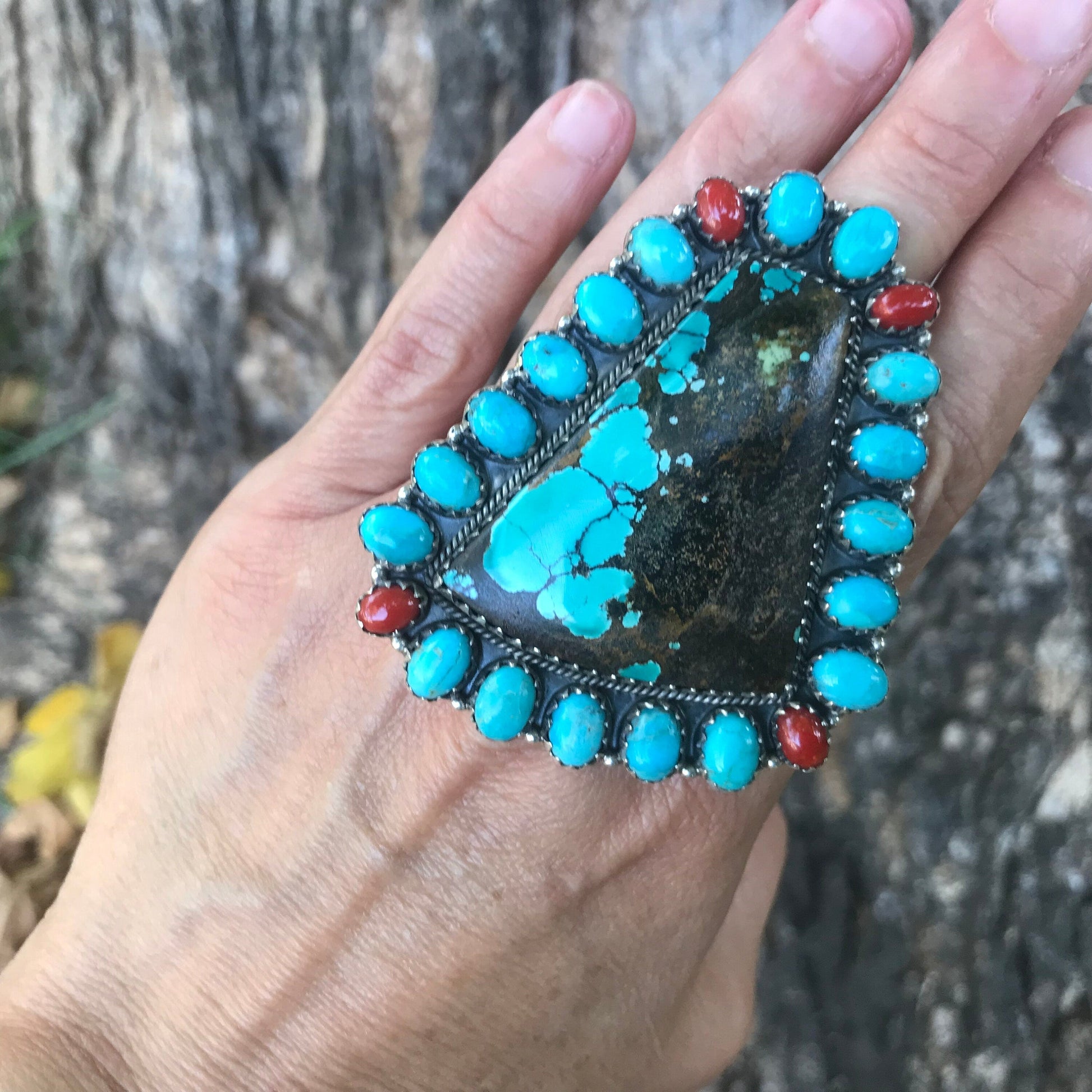 Sterling silver Statement coral huge turquoise ring Colors Of Etnika