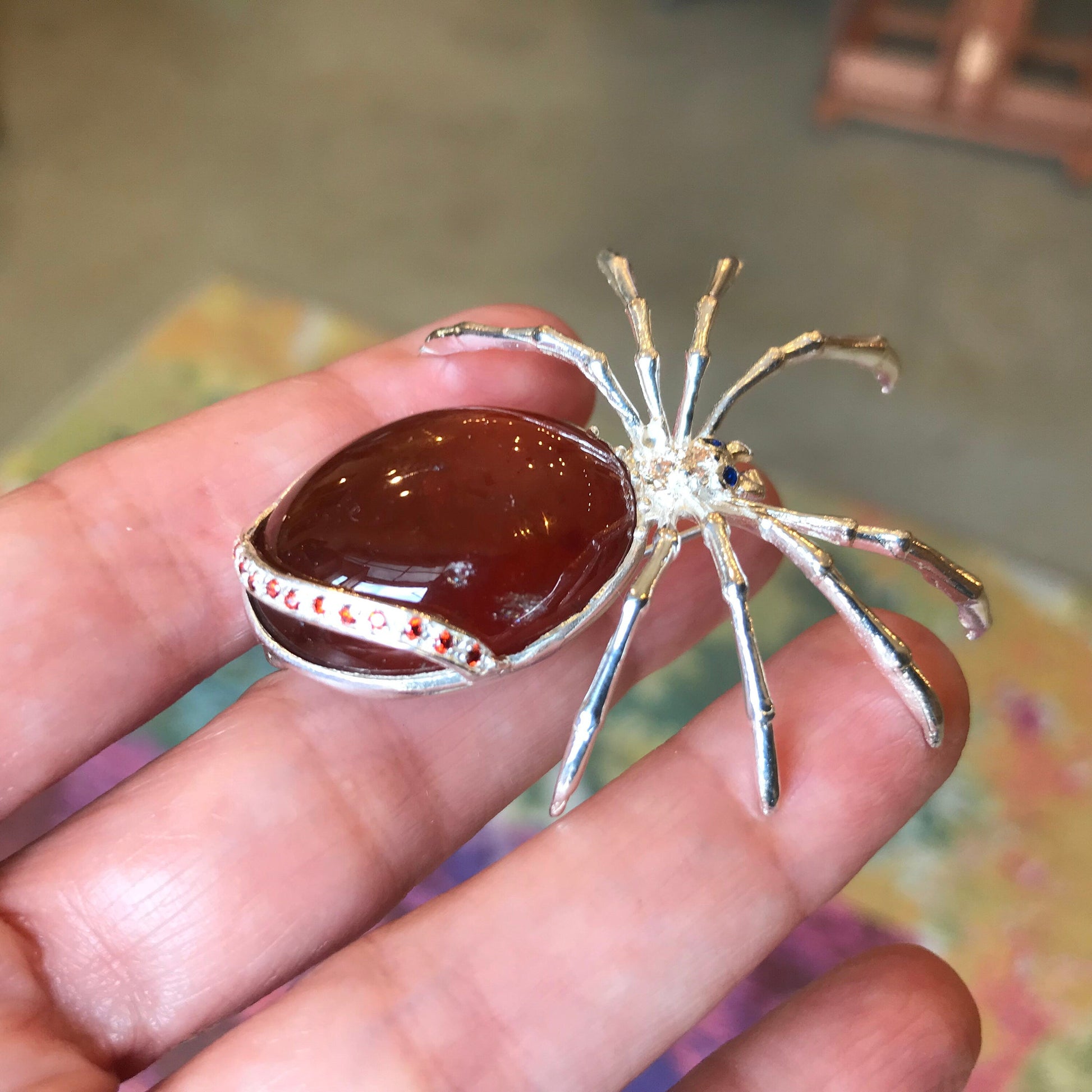 Sterling Silver red hessonite  spider Brooch Pin Colors Of Etnika