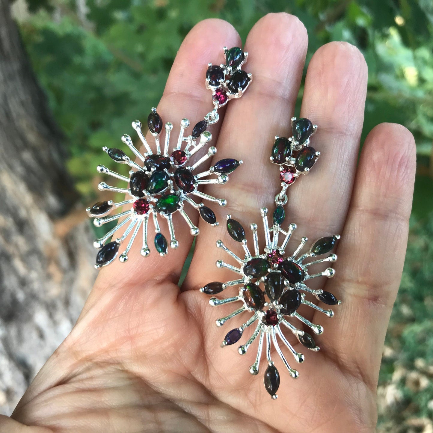 sterling silver Black natural opal rhodolite starburst earrings Colors Of Etnika