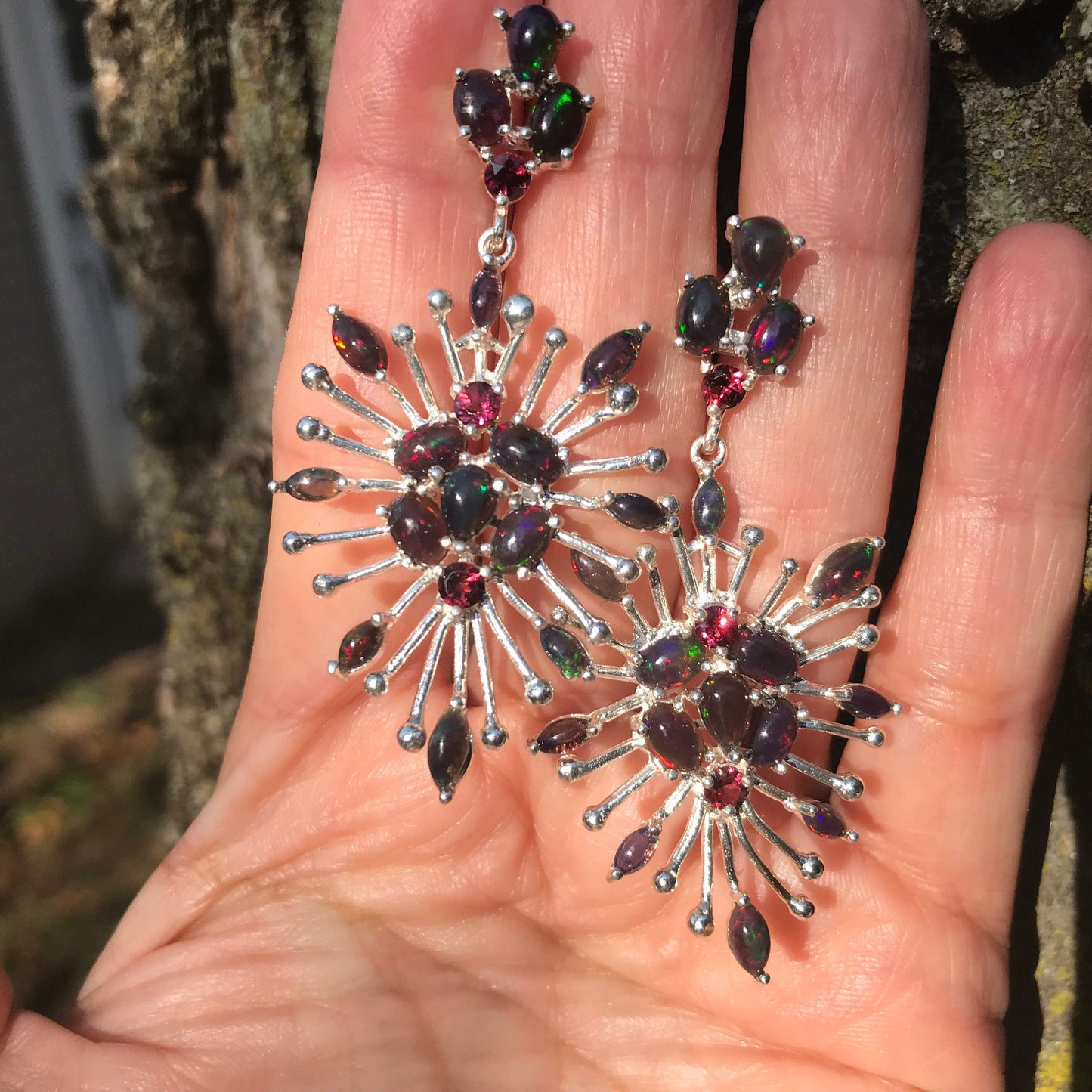 sterling silver Black natural opal rhodolite starburst earrings Colors Of Etnika