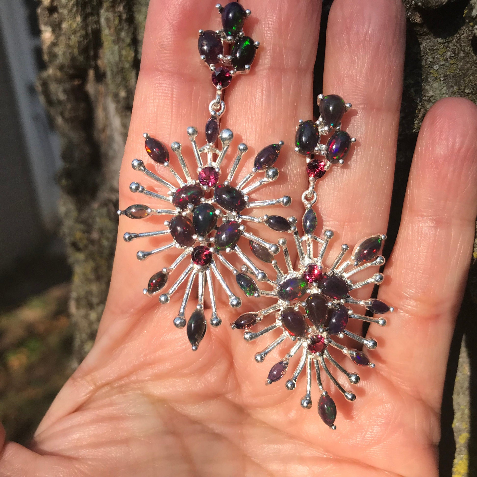 sterling silver Black natural opal rhodolite starburst earrings Colors Of Etnika