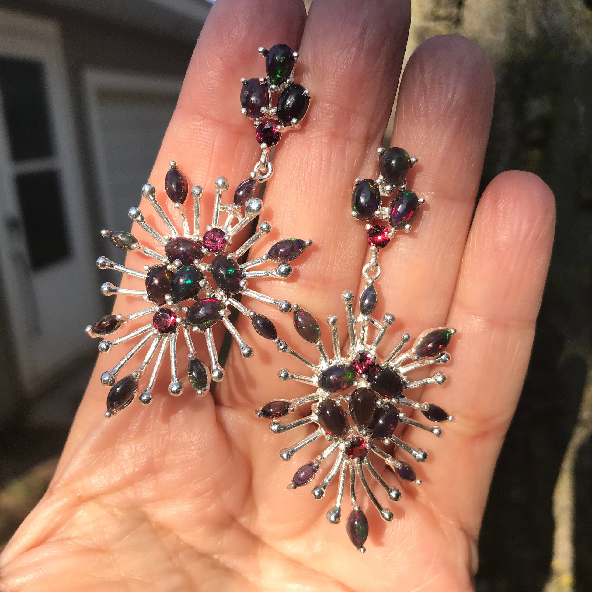 sterling silver Black natural opal rhodolite starburst earrings Colors Of Etnika