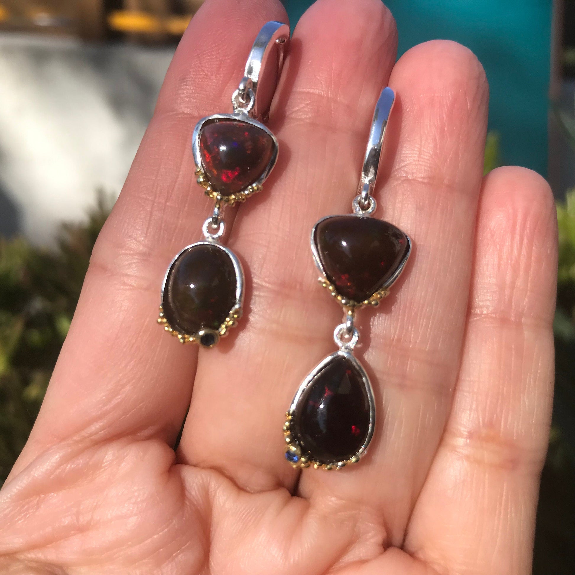 Sterling Silver red Natural Fire opal sapphire earrings Colors Of Etnika