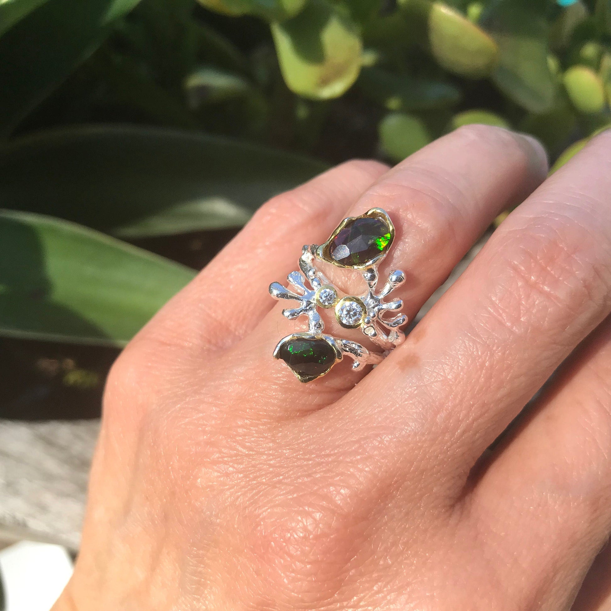 Sterling Silver black Natural Opal coral reef ring 6 Colors Of Etnika