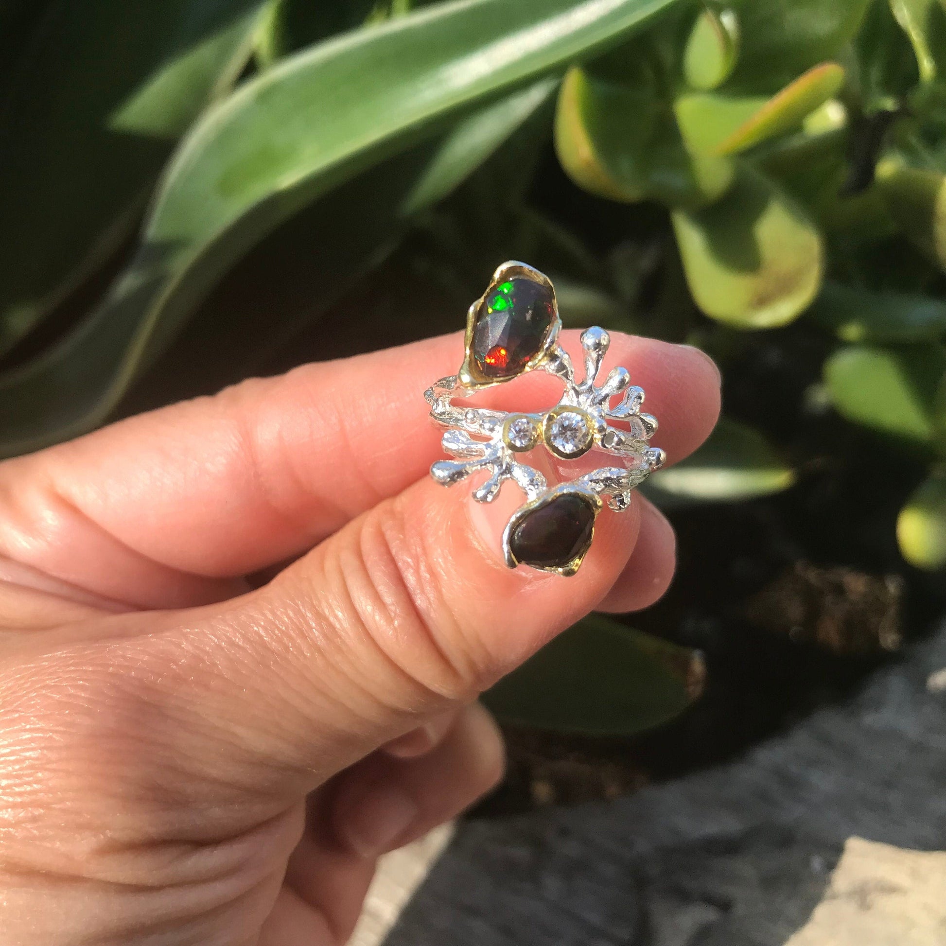 Sterling Silver black Natural Opal coral reef ring 6 Colors Of Etnika
