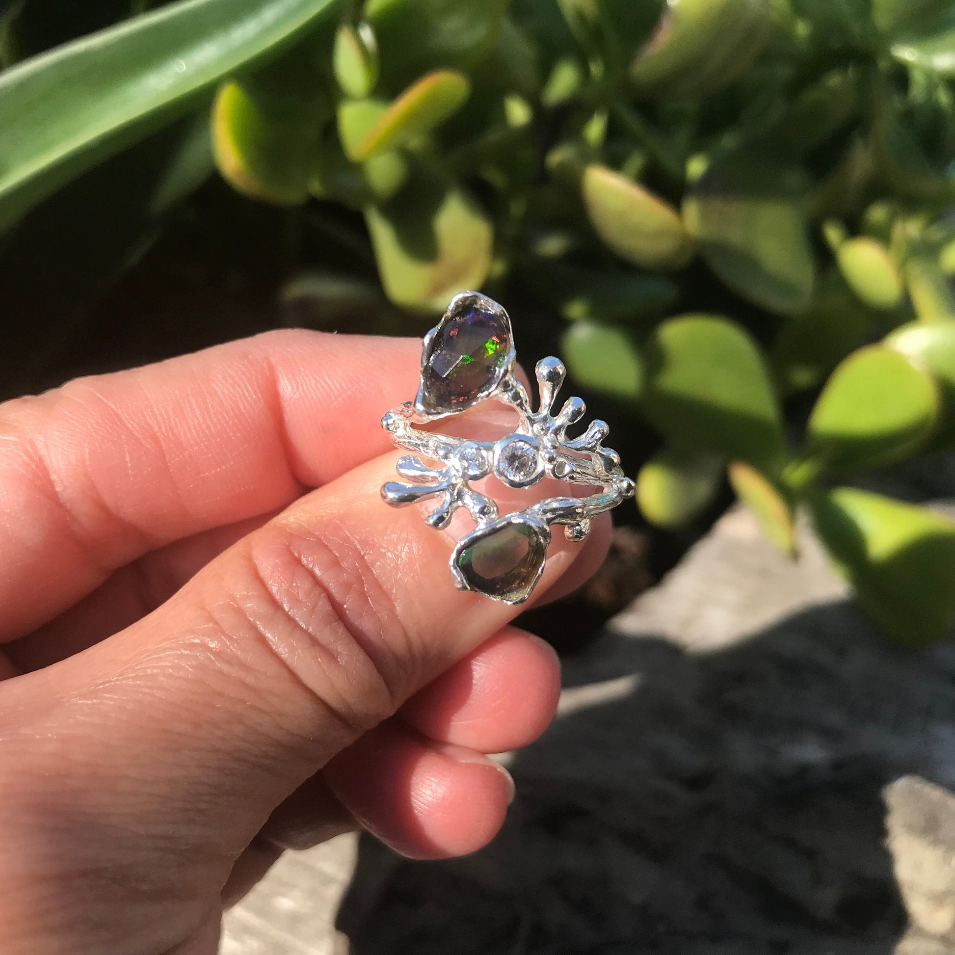 Sterling Silver black Natural Opal coral reef ring 7.5 Colors Of Etnika