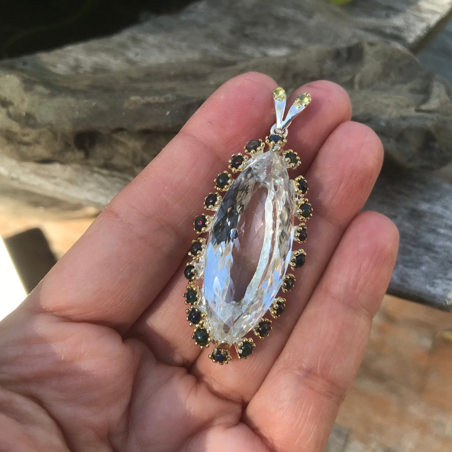 Sterling Silver marquis cut Natural quartz black fire opal Pendant Colors Of Etnika