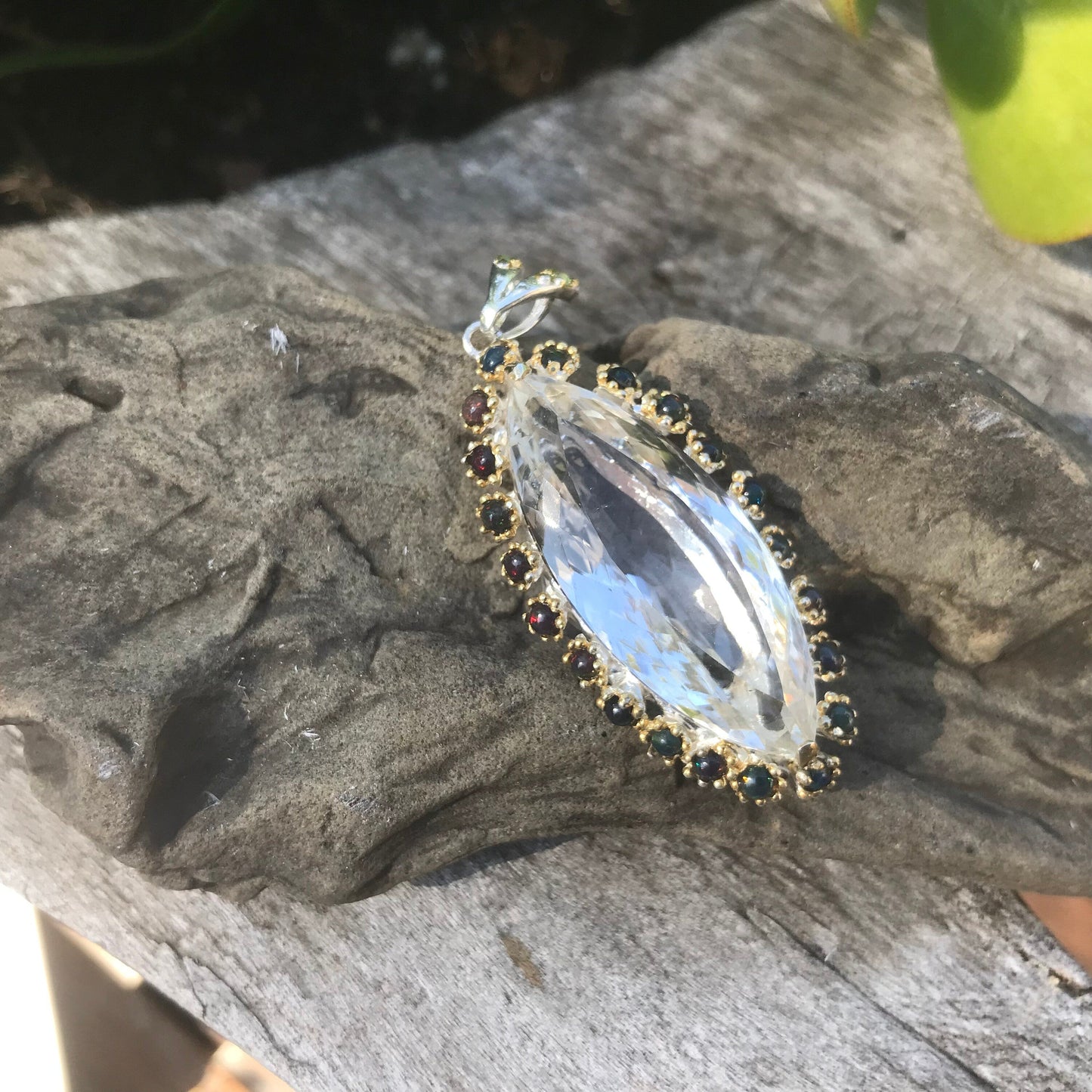 Sterling Silver marquis cut Natural quartz black fire opal Pendant Colors Of Etnika