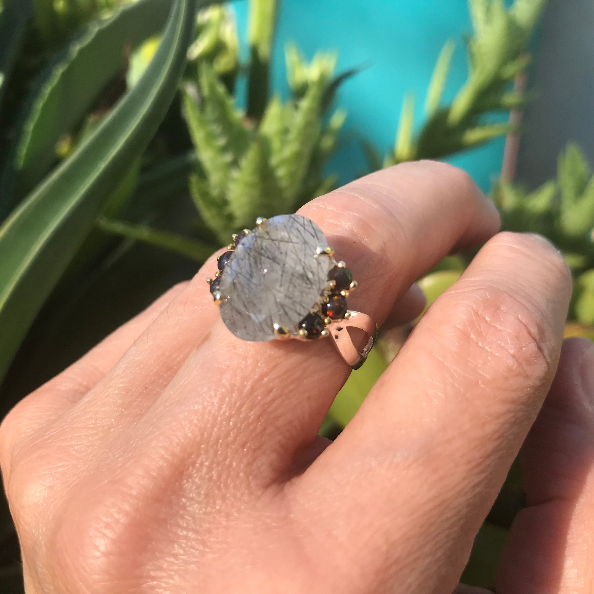 sterling silver rutilated quartz black opal ring 6.5 Colors Of Etnika