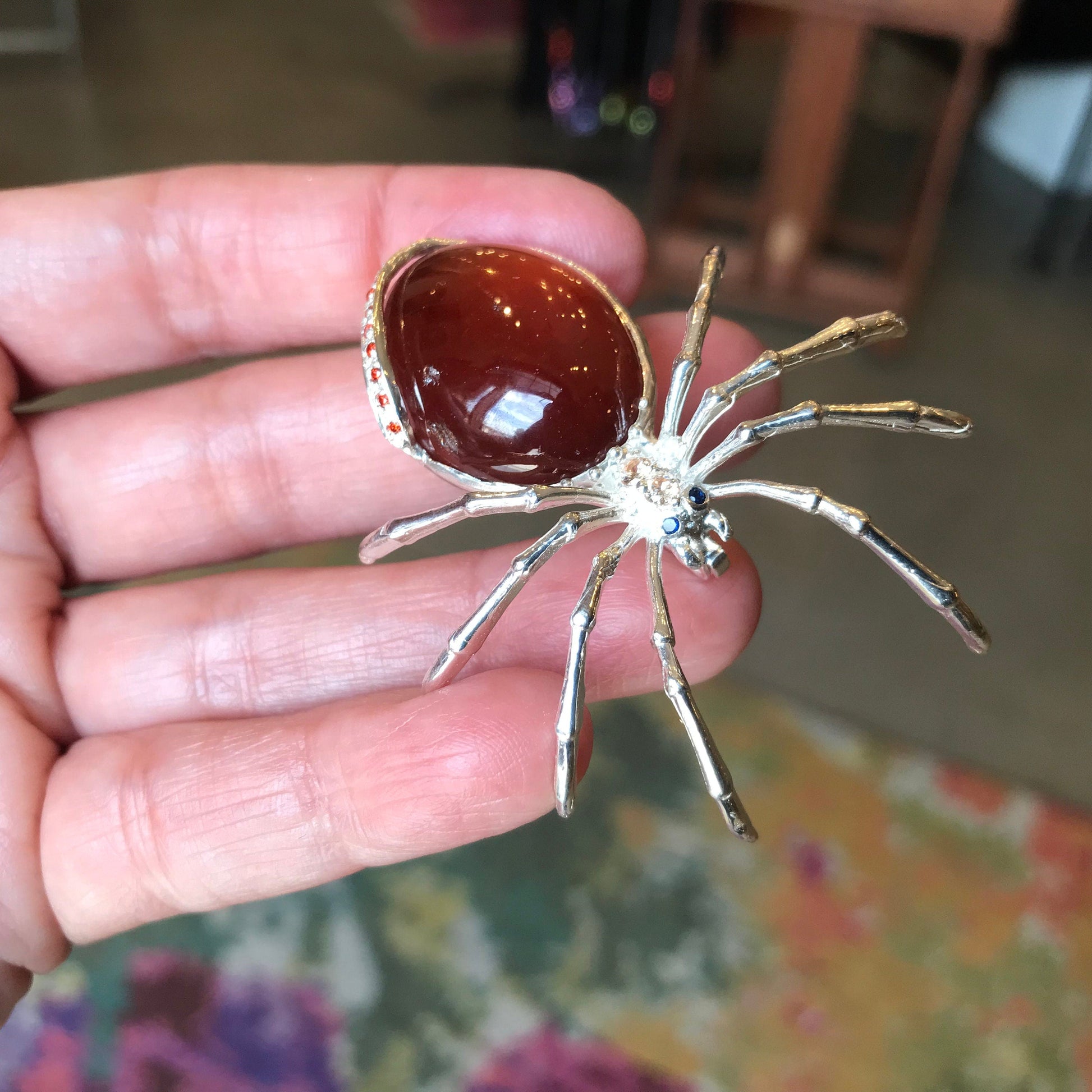 Sterling Silver red hessonite  spider Brooch Pin Colors Of Etnika